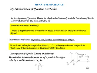 Second Postulate (Advanced):
Speed of Light represents the Maximum Speed of transmission of any Conventional
Signal.
383
In development of Quantum Theory the physicist had to comply with the Postulates of Special
Theory of Relativity. The most restrictive is:
In all the test performed no particle was found to exceed the speed of light.
x
z
y
'x
'z
'y
v

'u
'OO
'u−
A B
Consequence of Special Theory of Relativity
The relation between the mass m of a particle having a
velocity u and its rest mass m0 is:
2
2
0
1
c
u
m
m
−
=
My Interpretation of Quantum Mechanics
QUANTUM MECHANICS
No such tests exists for sub-particle (quarks,…,?,…,strings) (the known sub-particles
effects were deduced from tests in Particles Collider Facilities)
 