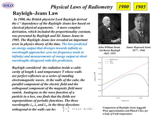 40
Physical Laws of RadiometrySOLO
Rayleigh–Jeans Law
Comparison of Rayleigh–Jeans law with
Wien approximation and Planck's law, for
a body of 8 mK temperature
In 1900, the British physicist Lord Rayleigh derived
the λ−4
dependence of the Rayleigh–Jeans law based on
classical physical arguments.[3]
A more complete
derivation, which included the proportionality constant,
was presented by Rayleigh and Sir James Jeans in
1905. The Rayleigh–Jeans law revealed an important
error in physics theory of the time. The law predicted
an energy output that diverges towards infinity as
wavelength approaches zero (as frequency tends to
infinity) and measurements of energy output at short
wavelengths disagreed with this prediction.
John William Strutt,
3rd Baron Rayleigh
1842- 1919
James Hopwood Jeans
1877 - 1946
Rayleigh considered the radiation inside a cubic
cavity of length L and temperature T whose walls
are perfect reflectors as a series of standing
electromagnetic waves. At the walls of the cube, the
parallel component of the electric field and the
orthogonal component of the magnetic field must
vanish. Analogous to the wave function of a
particle in a box, one finds that the fields are
superpositions of periodic functions. The three
wavelengths λ1, λ2 and λ3, in the three directions
orthogonal to the walls can be: ,2,1,,
2
=== i
i
i
nzyxi
n
Lλ
1900 1905
 