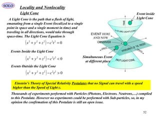 Locality and NonlocalitySOLO
Event inside
Light Cone
EVENT HERE
AND NOW
Simultaneous Event
at different place
A Light Cone is the path that a flash of light,
emanating from a single Event (localized to a single
point in space and a single moment in time) and
traveling in all directions, would take through
space-time. The Light Cone Equation is
( ) 022222
=−++ tczyx
Events Inside the Light Cone
( ) 022222
<−++ tczyx
Events Outside the Light Cone
( ) 022222
>−++ tczyx
Einstein’s Theory of Special Relativity Postulates that no Signal can travel with a speed
higher than the Speed of Light c.
Thousands of experiments performed with Particles (Photons, Electrons. Neutrons,…) complied
to this Postulate. However no experiments could be performed with Sub-particles, so, in my
opinion the confirmation of this Postulate is still an open issue.
Light Cone
52
 