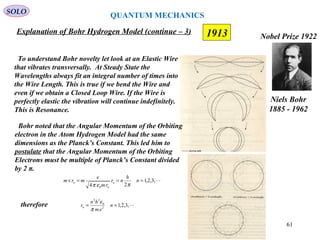 1913
SOLO
Niels Bohr
1885 - 1962
Nobel Prize 1922
Explanation of Bohr Hydrogen Model (continue – 3)
To understand Bohr novelty let look at an Elastic Wire
that vibrates transversally. At Steady State the
Wavelengths always fit an integral number of times into
the Wire Length. This is true if we bend the Wire and
even if we obtain a Closed Loop Wire. If the Wire is
perfectly elastic the vibration will continue indefinitely.
This is Resonance.
Bohr noted that the Angular Momentum of the Orbiting
electron in the Atom Hydrogen Model had the same
dimensions as the Planck’s Constant. This led him to
postulate that the Angular Momentum of the Orbiting
Electrons must be multiple of Planck’s Constant divided
by 2 π.
,3,2,1
24
v
0
=== n
h
nr
rm
e
mrm n
n
n
πεπ
,3,2,12
0
22
== n
em
hn
rn
π
ε
therefore
QUANTUM MECHANICS
61
 