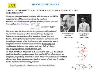 1925
SAMUEL A. GOUDSMITH AND GEORGE E. UHLENBECK POSTULATE THE
ELECTRON SPIN
George Eugene
Uhlenbeck
(1900 – 1988)
Samuel Abraham
Goudsmit
(1902 – 1978)
Two types of experimental evidence which arose in the 1920s
suggested an additional property of the electron.
One was the closely spaced splitting of the hydrogen spectral
lines, called fine structure.
The other was the Stern-Gerlach experiment which showed
in 1922 that a beam of silver atoms directed through an
inhomogeneous magnetic field would be forced into two
beams. Both of these experimental situations were consistent
with the possession of an intrinsic angular momentum and a
magnetic moment by individual electrons. Classically this
could occur if the electron were a spinning ball of charge,
and this property was called electron spin.
In 1925, the Dutch Physicists S.A. Goudsmith and G.E. Uhlenbeck
realized that the experiments can be explained if the electron has an
magnetic property of Rotation or Spin. They work actually showed that
the electron has a quantum-mechanical notion of spin that is similar
to the mechanical rotation of particles.
http://hyperphysics.phy-astr.gsu.edu/hbase/spin.html
no magnetic field
B = 0
cba ,,
fed ,,
a
b
c
d
e
f
magnetic field
B 0≠
Zeeman’s Effect
QUANTUM MECHANICS
79
 