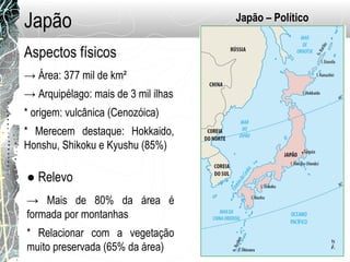 Japão
→ Área: 377 mil de km²
→ Arquipélago: mais de 3 mil ilhas
* origem: vulcânica (Cenozóica)
* Merecem destaque: Hokkaido,
Honshu, Shikoku e Kyushu (85%)
Japão – Político
Aspectos físicos
● Relevo
→ Mais de 80% da área é
formada por montanhas
* Relacionar com a vegetação
muito preservada (65% da área)
 