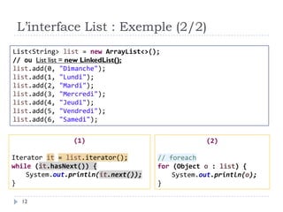 L’interface List : Exemple (2/2)
List<String> list = new ArrayList<>();
// ou List list = new LinkedList();
list.add(0, "Dimanche");
list.add(1, "Lundi");
list.add(2, "Mardi");
list.add(3, "Mercredi");
list.add(4, "Jeudi");
list.add(5, "Vendredi");
list.add(6, "Samedi");
(2)
// foreach
for (Object o : list) {
System.out.println(o);
}
(1)
Iterator it = list.iterator();
while (it.hasNext()) {
System.out.println(it.next());
}
12
 