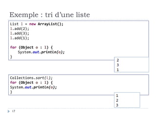 Exemple : tri d’une liste
List l = new ArrayList();
l.add(2);
l.add(3);
l.add(1);
for (Object o : l) {
System.out.println(o);
}
Collections.sort(l);
for (Object o : l) {
System.out.println(o);
}
17
 