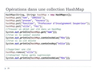 Opérations dans une collection HashMap
HashMap<String, String> hashMap = new HashMap<>();
hashMap.put("nom", "IDRISSI");
hashMap.put("prenom", "Youness");
hashMap.put("fonction", "Professeur d'Enseignement Seuperieur");
hashMap.put("ville", "Fès");
//Trouver un objet par clé dans un HashMap
System.out.println(hashMap.get("nom"));
//true si la valeur existe
System.out.println(hashMap.containsValue("Fès"));
//true si la clé existe
System.out.println(hashMap.containsKey("ville"));
//Supprimer une clé
hashMap.remove("ville");
//retourner false après supression
System.out.println(hashMap.containsValue("Fès"));
19
 