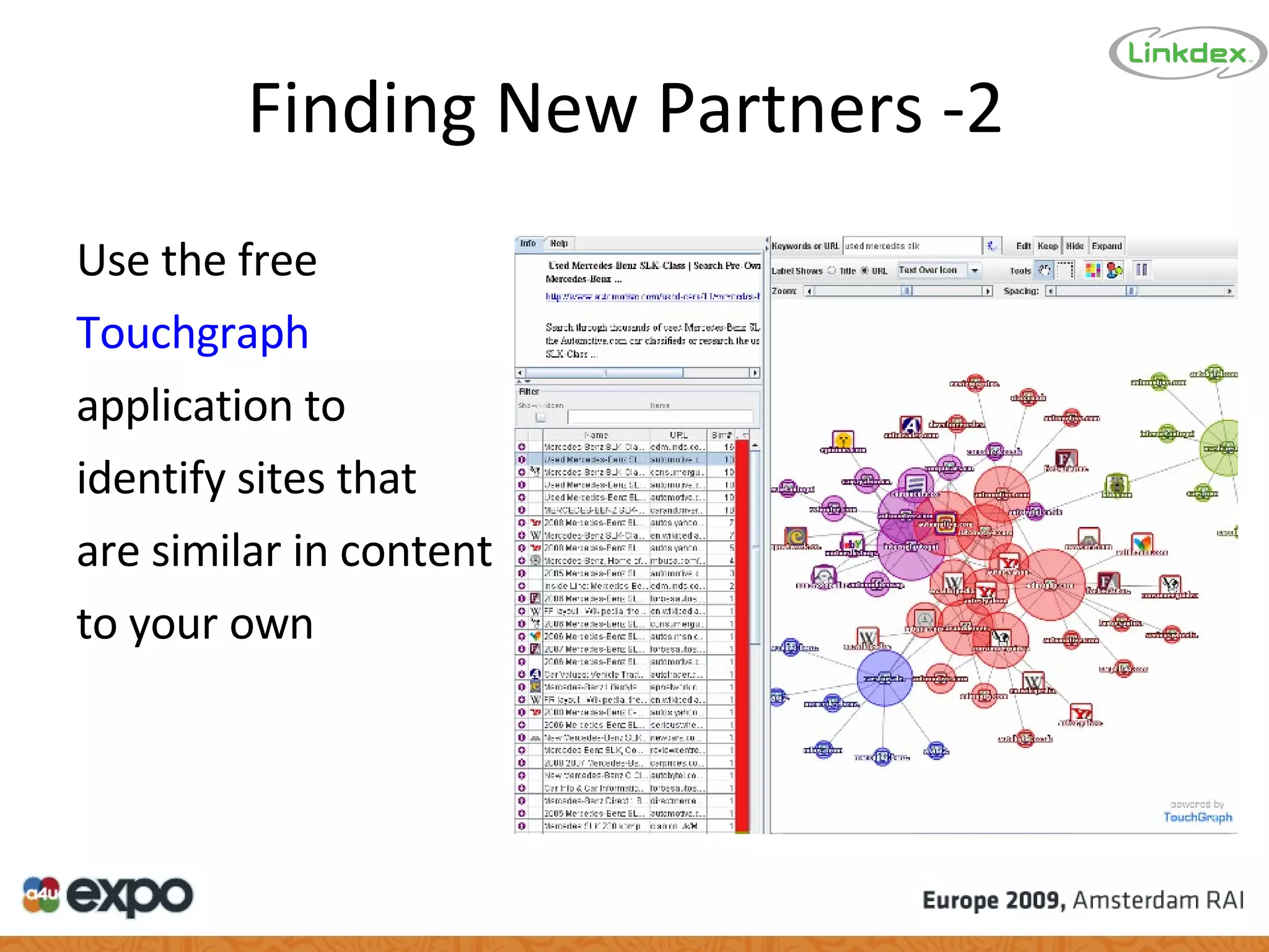 Finding New Partners -2  Use the free  Touchgraph   application to  identify sites that  are similar in content  to your own 