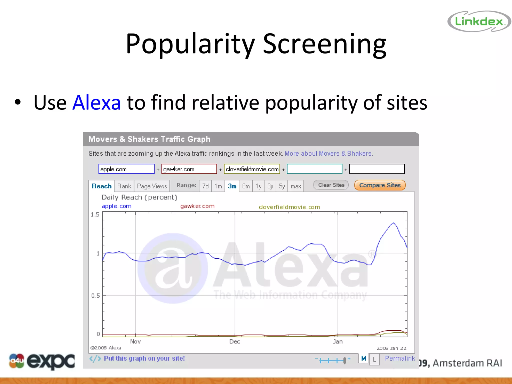 Popularity Screening Use  Alexa  to find relative popularity of sites 