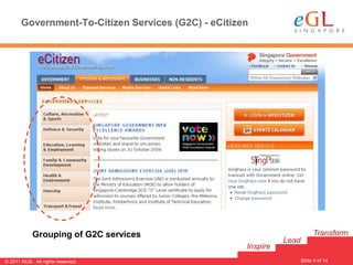 Government-To-Citizen Services (G2C) - eCitizen




            Grouping of G2C services                                       Transform
                                                               Lead
                                                     Inspire
                                                                      Slide 4 of 14
                                                                                      4
© 2011 NUS. All rights reserved.
 
