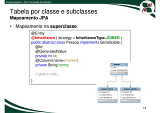 Programação II - Prof. Fernando dos Santos



   Tabela por classe e subclasses
   Mapeamento JPA
   • Mapeamento na superclasse
                       @Entity
                       @Inheritance ( strategy = InheritanceType.JOINED )
                       public abstract class Pessoa implements Serializable {
                         @Id
                         @GeneratedValue
                         private int id;
                         @Column(name="nome")
                         private String nome;

                           // gets e sets...
                       }




                                                                                14
 