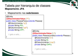 Programação II - Prof. Fernando dos Santos



   Tabela por hierarquia de classes
   Mapeamento JPA
   • Mapeamento nas subclasses
     @Entity
     @DiscriminatorValue ("F")
     public class PessoaFisica extends Pessoa{
       @Column(name="rg")
       private String RG;
       @Column(name="cpf")
       private String CPF;
                                    @Entity
                                    @DiscriminatorValue ("J")
       // gets e sets...
                                    public class PessoaJuridica extends Pessoa {
     }
                                      @Column(name="ie")
                                      private String IE;
                                      @Column(name="cnpj")
                                      private String CNPJ;

                                                 // gets e sets...
                                             }
                                                                                   6
 