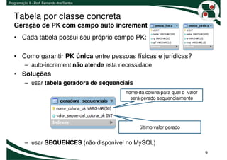 Programação II - Prof. Fernando dos Santos



   Tabela por classe concreta
   Geração de PK com campo auto increment
   • Cada tabela possui seu próprio campo PK:

   • Como garantir PK única entre pessoas físicas e jurídicas?
          – auto-increment não atende esta necessidade
   • Soluções
          – usar tabela geradora de sequenciais
                                             nome da coluna para qual o valor
                                               será gerado sequencialmente




                                                   último valor gerado


          – usar SEQUENCES (não disponível no MySQL)
                                                                                9
 