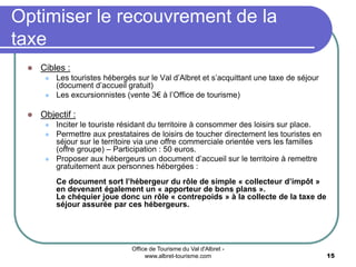 Office de Tourisme du Val d'Albret -
www.albret-tourisme.com 15
 Cibles :
 Les touristes hébergés sur le Val d’Albret et s’acquittant une taxe de séjour
(document d’accueil gratuit)
 Les excursionnistes (vente 3€ à l’Office de tourisme)
 Objectif :
 Inciter le touriste résidant du territoire à consommer des loisirs sur place.
 Permettre aux prestataires de loisirs de toucher directement les touristes en
séjour sur le territoire via une offre commerciale orientée vers les familles
(offre groupe) – Participation : 50 euros.
 Proposer aux hébergeurs un document d’accueil sur le territoire à remettre
gratuitement aux personnes hébergées :
Ce document sort l’hébergeur du rôle de simple « collecteur d’impôt »
en devenant également un « apporteur de bons plans ».
Le chéquier joue donc un rôle « contrepoids » à la collecte de la taxe de
séjour assurée par ces hébergeurs.
Optimiser le recouvrement de la
taxe
 