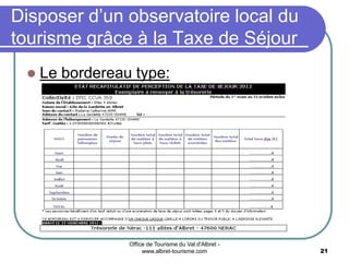 Office de Tourisme du Val d'Albret -
www.albret-tourisme.com 21
Disposer d’un observatoire local du
tourisme grâce à la Taxe de Séjour
 Le bordereau type:
 