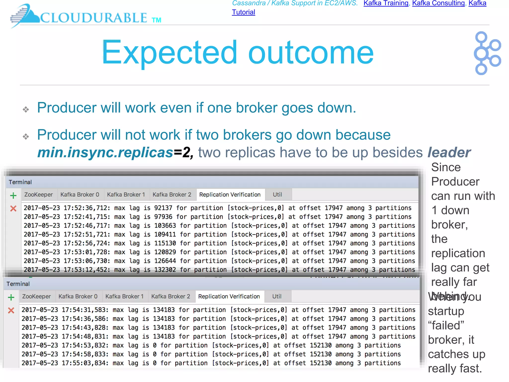 ™
Cassandra / Kafka Support in EC2/AWS. Kafka Training, Kafka Consulting, Kafka
Tutorial
Expected outcome
❖ Producer will work even if one broker goes down.
❖ Producer will not work if two brokers go down because
min.insync.replicas=2, two replicas have to be up besides leader
Since
Producer
can run with
1 down
broker,
the
replication
lag can get
really far
behind.When you
startup
“failed”
broker, it
catches up
really fast.
 