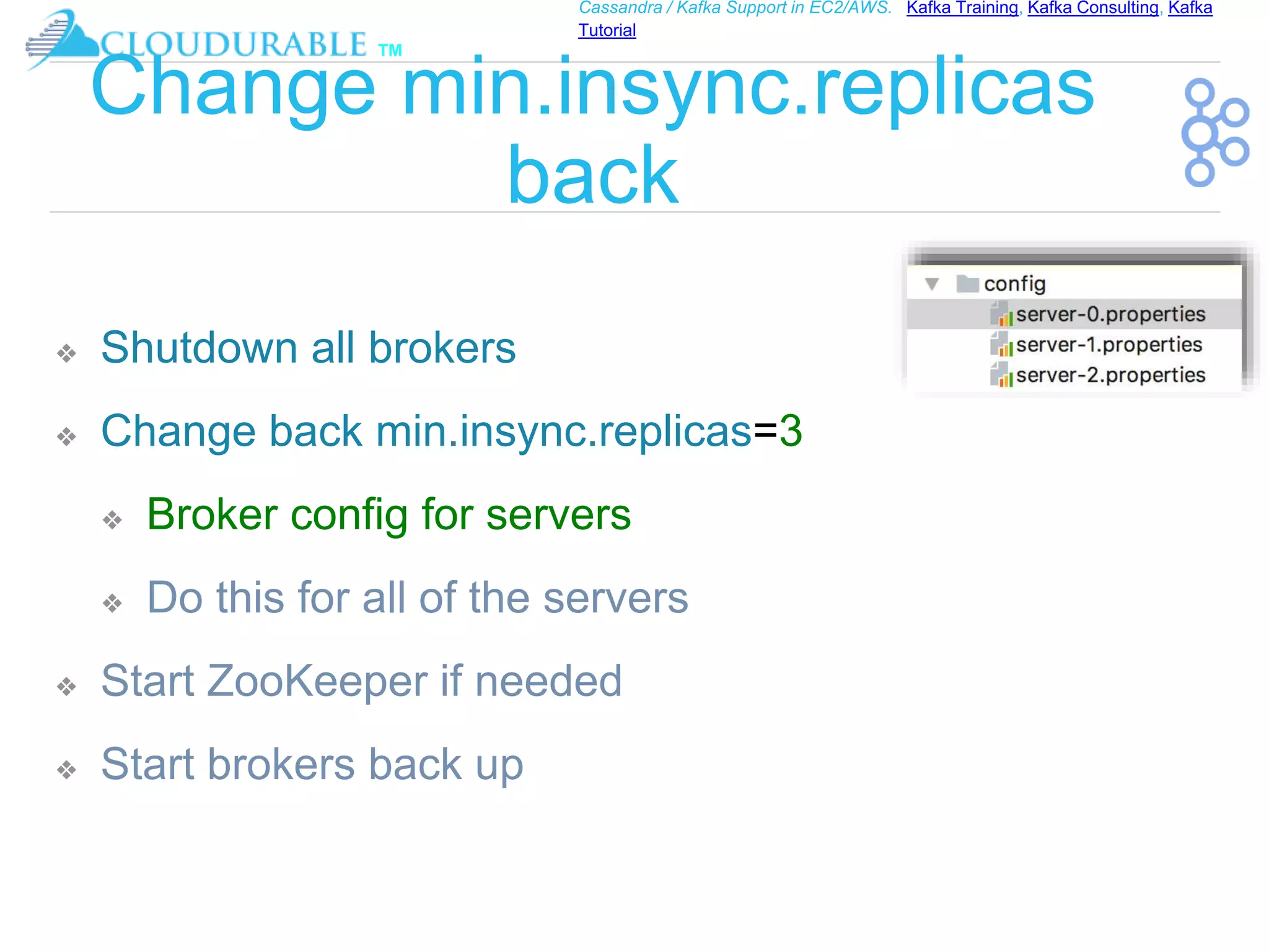 ™
Cassandra / Kafka Support in EC2/AWS. Kafka Training, Kafka Consulting, Kafka
Tutorial
Change min.insync.replicas
back
❖ Shutdown all brokers
❖ Change back min.insync.replicas=3
❖ Broker config for servers
❖ Do this for all of the servers
❖ Start ZooKeeper if needed
❖ Start brokers back up
 