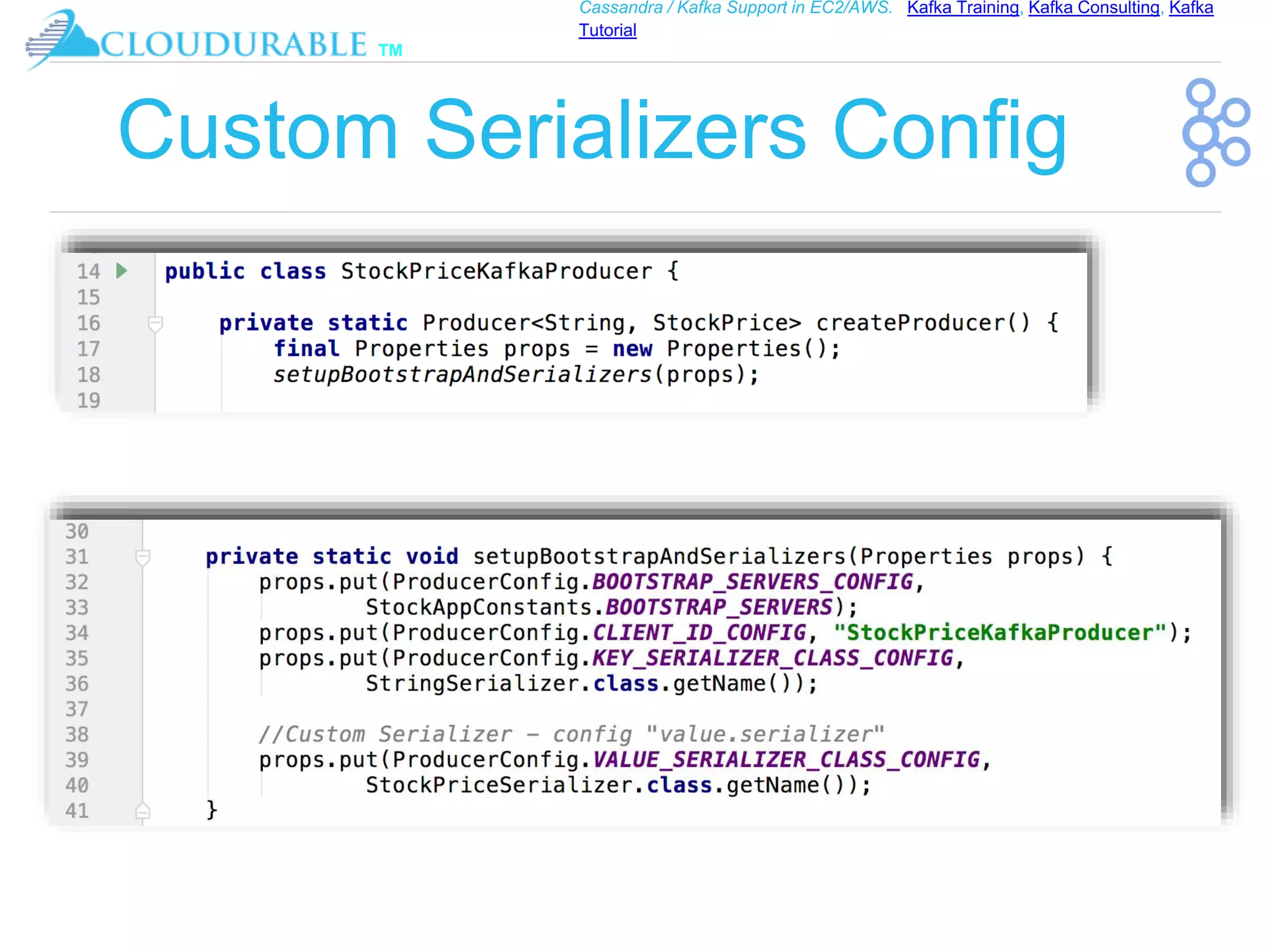 ™
Cassandra / Kafka Support in EC2/AWS. Kafka Training, Kafka Consulting, Kafka
Tutorial
Custom Serializers Config
 