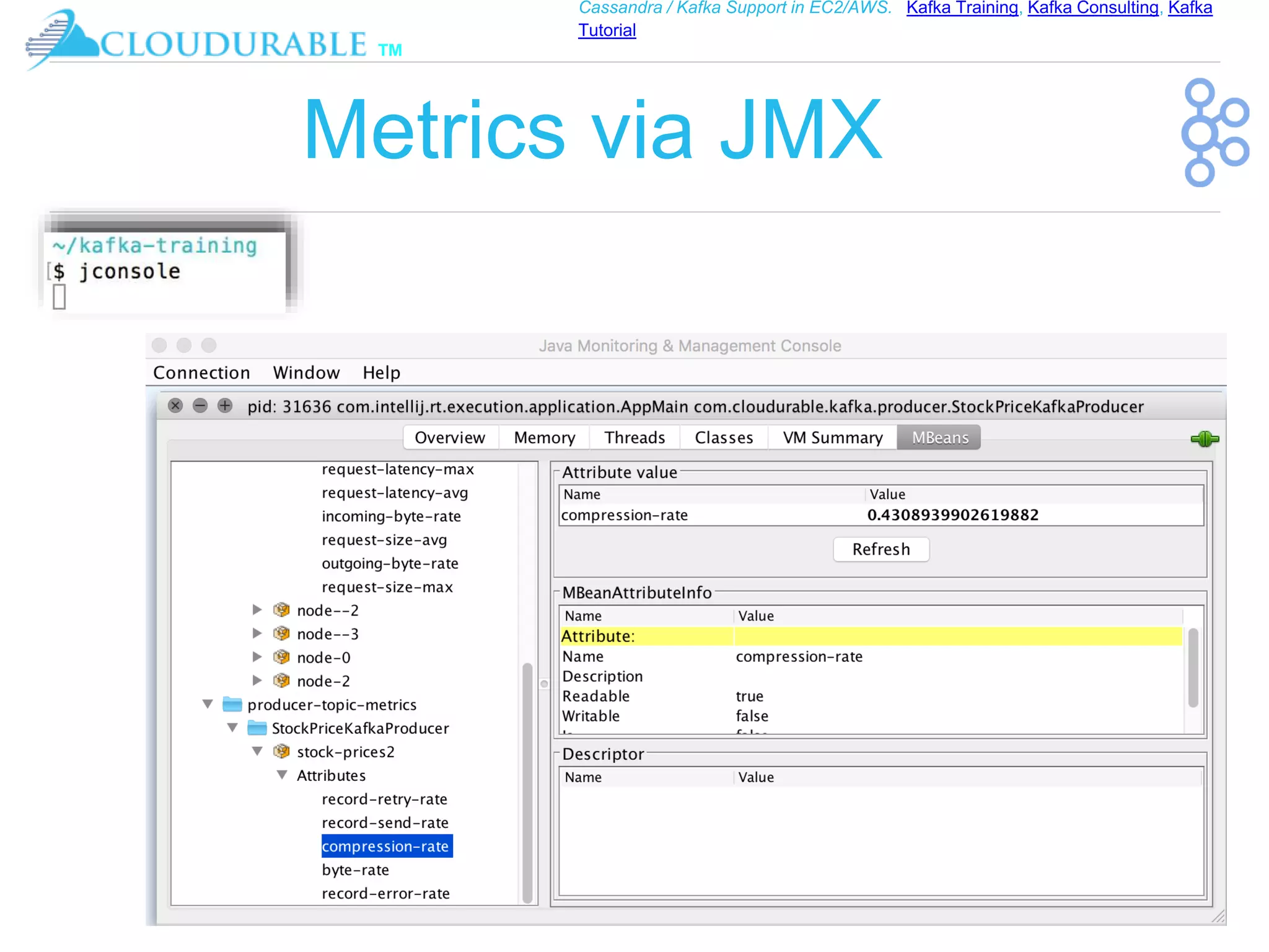 ™
Cassandra / Kafka Support in EC2/AWS. Kafka Training, Kafka Consulting, Kafka
Tutorial
Metrics via JMX
 