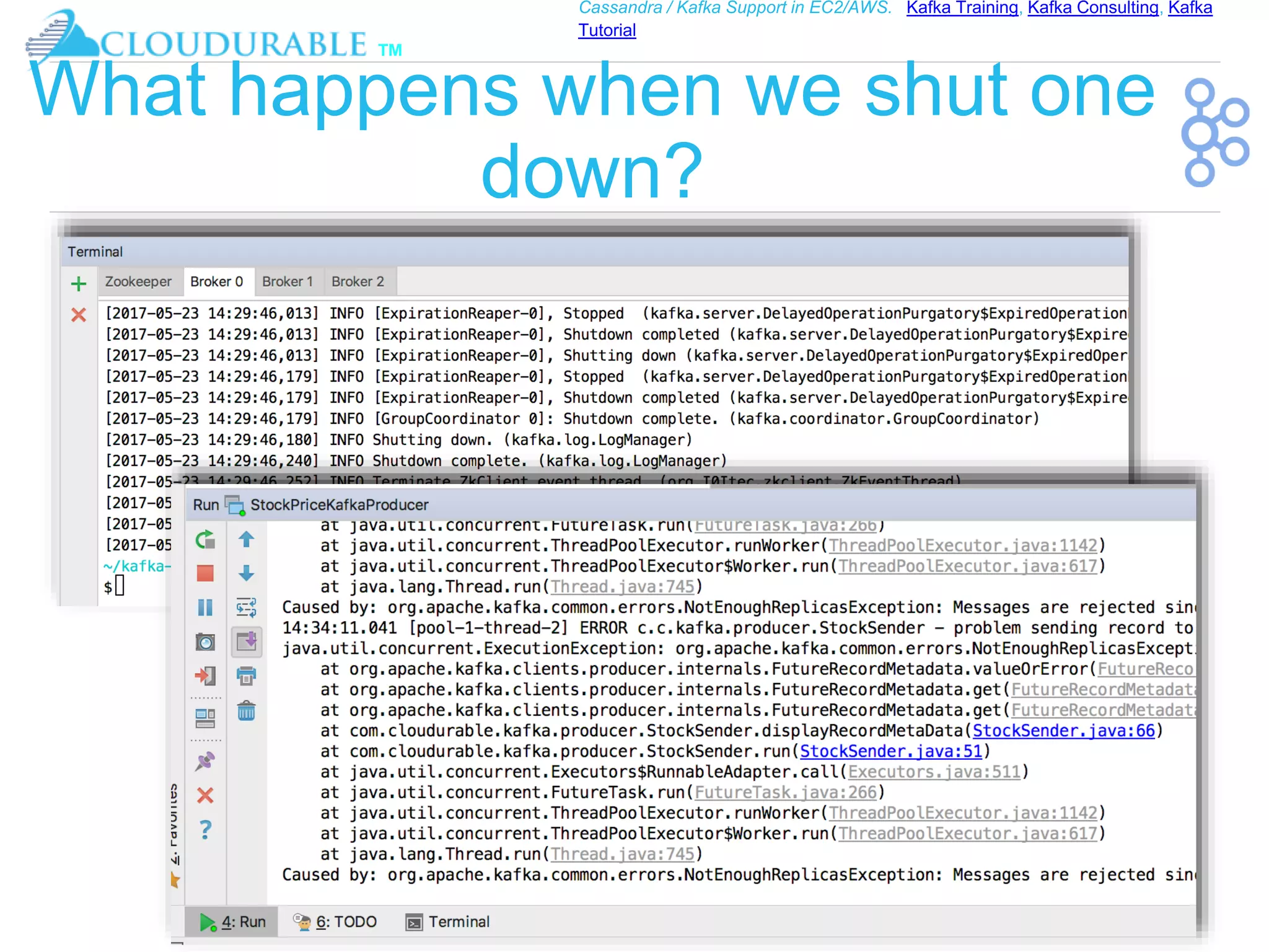 ™
Cassandra / Kafka Support in EC2/AWS. Kafka Training, Kafka Consulting, Kafka
Tutorial
What happens when we shut one
down?
 