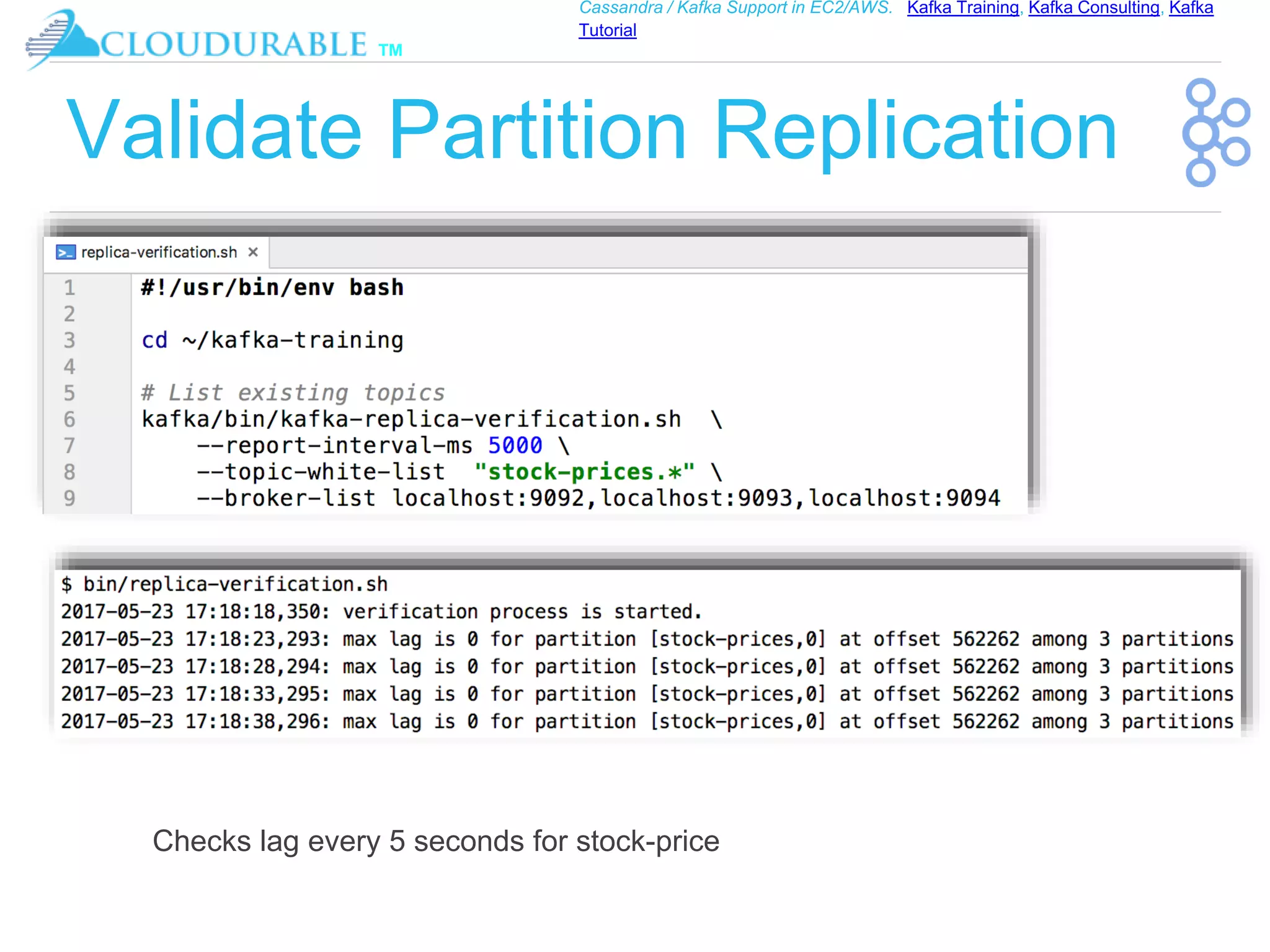 ™
Cassandra / Kafka Support in EC2/AWS. Kafka Training, Kafka Consulting, Kafka
Tutorial
Validate Partition Replication
Checks lag every 5 seconds for stock-price
 