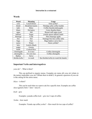 Interaction in a restaurant


Words

    Word            Meaning                       Usage
     oota        Lunch/dinner                  Oota ayitha?
    thindi      Breakfast/snacks       Thindige jothe coffee kudide
     kahi              Bitter           Coffee thumba kahiyagide
    khara           Hot/spicy              Curry thumba khara
     uppu               Salt              Rasam nalli uppu jyasti
   sakkare             Sugar            yeardu spoon sakkare haaki
  thannige              Cold               Dese thannige agide
      bisi              Hot            Nannage bisi bisi coffee ishta
     bega               Fast             Bega badisi ( serve fast )
    neeru              Water                  Neeru yellide?
     bele        Lentils (Daal)
    soppu             Greens
    baath        Cooked Rice
 Chennagide          It is nice              Coffee chennagide
 chennagilla      It is not nice             Coffee chenagilla
   Badisu              Serve
tholidu kollu         to wash       Kai tholidu kollu (to wash the hands)


Important Verbs and interrogatives

yenu ide? - What is there?

         This can prefixed to enquire menus. Examples are menu alli yenu ide (whats in
the menu), kudiyokke yenu ide? (Whats there to drink?). In general a question of yenu ide
is like asking for the entire menu.

Ideya – is there?

       This can be used when we want to ask for a specific item. Examples are coffee
ideya [generic form < item > ideya?]

Kodi – give

       Examples: yearadu coffee kodi. - give me 2 cups of coffee.

Yeshtu – how much

       Examples: Yeradu cup coffee yeshtu? - How much for two cups of coffee?
 