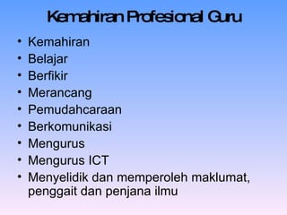 Kemahiran Profesional Guru Kemahiran Belajar Berfikir Merancang Pemudahcaraan Berkomunikasi Mengurus Mengurus ICT Menyelidik dan memperoleh maklumat, penggait dan penjana ilmu 