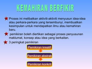 Proses ini melibatkan aktiviti-aktiviti menyusun idea-idea atau perkara-perkara yang tersembunyi, membuatkan kesimpulan untuk mendapatkan ilmu atau kemahiran baru. pemikiran boleh diertikan sebagai proses penyusunan maklumat, konsep atau idea yang berkaitan. 3 peringkat pemikiran KEMAHIRAN BERFIKIR Pemikiran kreatif Pemikiran abstrak Pemikiran konkrit 