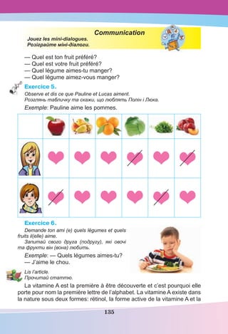 135
Communication
Jouez les mini-dialogues.
Розіграйте міні-діалоги.
— Quel est ton fruit préféré?
— Quel est votre fruit préféré?
— Quel légume aimes-tu manger?
— Quel légume aimez-vous manger?
Exercice 5.
Observe et dis ce que Pauline et Lucas aiment.
Розглянь табличку та скажи, що люблять Полін і Люка.
Exemple: Pauline aime les pommes.
Exercice 6.
Demande ton ami (e) quels légumes et quels
fruits il(elle) aime.
Запитай свого друга (подругу), які овочі
та фрукти він (вона) любить.
Exemple: — Quels légumes aimes-tu?
— J’aime le chou.
Lis l’article.
Прочитай статтю.
La vitamine A est la première à être découverte et c’est pourquoi elle
porte pour nom la première lettre de l’alphabet. La vitamine A existe dans
la nature sous deux formes: rétinol, la forme active de la vitamine A et la
 