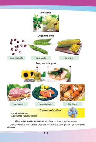 141
Boissons
Légumes secs
Les produits gras
Communication
Lis et mémorise.
Прочитай і запам’ятай.
Connaître quelque chose, un lieu — знати щось, місце
Je connais ce ﬁlm. (je l’ai déjà vu) — Я знаю цей фільм. (я його вже
бачив)
des haricots
la viande
pois verts
le poisson
du maїs
les œufs
 
