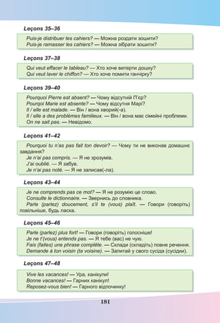 181
Leçons 35–36
Puis-je distribuer les cahiers? — Можна роздати зошити?
Puis-je ramasser les cahiers? — Можна зібрати зошити?
Leçons 37–38
Qui veut effacer le tableau? — Хто хоче витерти дошку?
Qui veut laver le chiffon? — Хто хоче помити ганчірку?
Leçons 39–40
Pourquoi Pierre est absent? — Чому відсутній П’єр?
Pourqoi Marie est absente? — Чому відсутня Марі?
Il / elle est malade. — Він / вона хворий(-а).
Il / elle a des problèmes familieux. — Він / вона має сімейні проблеми.
On ne sait pas. — Невідомо.
Leçons 41–42
Pourquoi tu n’as pas fait ton devoir? — Чому ти не виконав домашнє
завдання?
Je n’ai pas compris. — Я не зрозумів.
J’ai oublié. — Я забув.
Je n’ai pas noté. — Я не записав(-ла).
Leçons 43–44
Je ne comprends pas ce mot? — Я не розумію це слово.
Consulte le dictionnaire. — Звернись до словника.
Parle (parlez) doucement, s’il te (vous) plaît. — Говори (говоріть)
повільніше, будь ласка.
Leçons 45–46
Parle (parlez) plus fort! — Говори (говоріть) голосніше!
Je ne t’(vous) entends pas. — Я тебе (вас) не чую.
Fais (faites) une phrase complète. — Склади (складіть) повне речення.
Demande à ton voisin (ta voisine). — Запитай у свого сусіда (сусідки).
Leçons 47–48
Vive les vacances! — Ура, канікули!
Bonne vacances! — Гарних канікул!
Reposez-vous bien! — Гарного відпочинку!
 