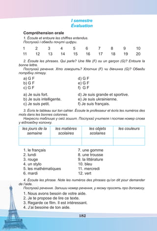 182
I semestre
Évaluation
Compréhension orale
1. Écoute et entoure les chiffres entendus.
Послухай і обведи почуті цифри.
1 2 3 4 5 6 7 8 9 10
11 12 13 14 15 16 17 18 19 20
2. Écoute les phrases. Qui parle? Une fille (F) ou un garçon (G)? Entoure la
bonne lettre.
Послухай речення. Хто говорить? Хлопчик (F) чи дівчинка (G)? Обведи
потрібну літеру.
a) G F d) G F
b) G F e) G F
c) G F f) G F
a) Je suis fort. d) Je suis grande et sportive.
b) Je suis intelligente. e) Je suis ukrainienne.
c) Je suis petit. f) Je suis français.
3. Écris le tableau sur ton cahier. Écoute le professeur et écris les numéros des
mots dans les bonnes colonnes.
Накресли таблицю у свій зошит. Послухай учителя і постав номер слова
у відповідну колонку.
les jours de la
semaine
les matières
scolaires
les objets
scolaires
les couleurs
1. le français 7. une gomme
2. lundi 8. une trousse
3. rouge 9. la littérature
4. un stylo 10. bleu
5. les mathématiques 11. mercredi
6. mardi 12. vert
4. Écoute les phrase. Note les numéros des phrases qu’on dit pour demander
de l’aide.
Послухай речення. Запиши номер речення, у якому просять про допомогу.
1. Nous avons besoin de votre aide.
2. Je te propose de lire ce texte.
3. Regarde ce ﬁlm. Il est intéressant.
4. J’ai besoine de ton aide.
 