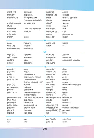 203
mardi (m) вівторок
mars (m) березень
maternel, -le материнський
(по материній лінії)
mathématiques математика
(f, pl)
matière (f) шкільний предмет
méchant / злий, -а
méchante
mer (f) море
merci (m) дякую
mercredi (m) середа
mettre класти, одягати
miauler м’явкати
mille (f) тисяча
mince худий
monde (m) світ
montagne (f) гора
montrer показувати
musée (m) музей
Nn
nager плавати
Noël (m) Різдво
novembre (m) листопад
nuage (m) хмара
nuit (f) ніч
Oo
objet (m) предмет
octobre (m) жовтень
œuf (m) яйце
oublier забувати
oncle (m) дядько
orange (m) апельсин
ours (m) плюшевий ведмідь
en peluche
Pp
papa (m) тато
papi (m) дідусь
parler розмовляти
pâtes (f) вермішель, лапша
paternel / le батьківський
(по батьківській лінії)
pays (m) країна
paysage (m) пейзаж
pêcher рибалити
peluche (f) плюшева іграшка,
м’яка іграшка
pensement (m) пов’язка, перев’язка
Père Noël Дід Мороз
pétale (m) пелюстка
petit / petite маленький, -а
pied (m) ступня ноги
pleuvoir дощити
(il pleut) йде дощ
poème (m) вірш
poisson (m) риба
pomme (f) яблуко
porte (f) двері
portrait (m) портрет
poste (f) пошта
pouce (m) великий палець руки
poule (f) курка
pourquoi чому
poussin (m) курча
prairie (f) лука
premier / première перший, -а
prendre брати
prêter позичати
printemps (m) весна
professeur (m) учитель, викладач
pub (publicité), (f) реклама
puis потім
Qq
que що
qui хто
quel / quelle який / яка
quille (f) кегля
 