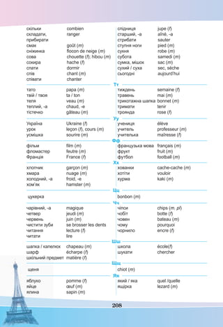 208
скільки combien
складати, ranger
прибирати
смак goût (m)
сніжинка ﬂocon de neige (m)
сова chouette (f); hibou (m)
сокира hache (f)
спати dormir
спів chant (m)
співати chanter
спідниця jupe (f)
старший, -а aîné, -а
стрибати sauter
ступня ноги pied (m)
сукня robe (m)
субота samedi (m)
сумка, мішок sac (m)
сухий / суха sec, sèche
сьогодні aujourd’hui
Тт
тато papa (m)
твій / твоя ta / ton
теля veau (m)
теплий, -а chaud, -е
тістечко gâteau (m)
тиждень semaine (f)
травень mai (m)
трикотажна шапка bonnet (m)
тримати tenir
троянда rose (f)
Уу
Україна Ukraine (f)
урок leçon (f), cours (m)
усмішка sourire (m)
учениця élève
учитель professeur (m)
учителька maîresse (f)
Фф
фільм ﬁlm (m)
фломастер feutre (m)
Франція France (f)
французька мова français (m)
фрукт fruit (m)
футбол football (m)
Хх
хлопчик garçon (m)
хмара nuage (m)
холодний, -а froid, -е
хом’як hamster (m)
хованки cache-cache (m)
хотіти vouloir
хурма kaki (m)
Цц
цукерка bonbon (m)
Чч
чарівний, -а magique
четвер jeudi (m)
червень juin (m)
чистити зуби se brosser les dents
читання lecture (f)
читати lire
чіпси chips (m. pl)
чобіт botte (f)
човен bateau (m)
чому pourquoi
чорнило encre (f)
Шш
шапка / капелюх chapeau (m)
шарф écharpe (f)
шкільний предмет matière (f)
школа école(f)
шукати chercher
Щщ
щеня chiot (m)
Яя
яблуко pomme (f)
яйце œuf (m)
ялина sapin (m)
який / яка quel /quelle
ящірка lezard (m)
 