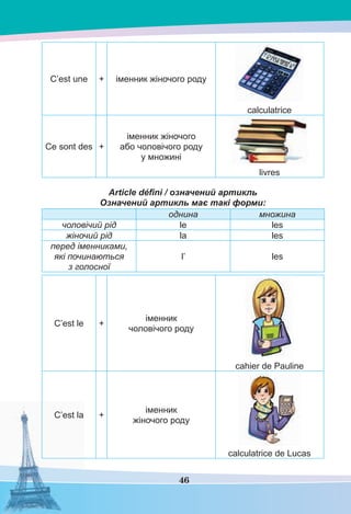 46
C’est une + іменник жіночого роду
calculatrice
Ce sont des +
іменник жіночого
або чоловічого роду
у множині
livres
Article défini / означений артикль
Oзначений артикль має такі форми:
однина множина
чоловічий рід le les
жіночий рід la les
перед іменниками,
які починаються
з голосної
l’ les
C’est le +
іменник
чоловічого роду
cahier de Pauline
C’est la +
іменник
жіночого роду
calculatrice de Lucas
 