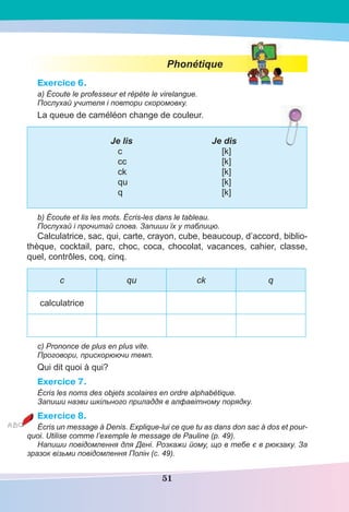 51
Phonétique
Exercice 6.
a) Écoute le professeur et répète le virelangue.
Послухай учителя і повтори скоромовку.
La queue de caméléon change de couleur.
Je lis Je dis
c [k]
cc [k]
ck [k]
qu [k]
q [k]
b) Écoute et lis les mots. Écris-les dans le tableau.
Послухай і прочитай слова. Запиши їх у таблицю.
Calculatrice, sac, qui, carte, crayon, cube, beaucoup, d’accord, biblio-
thèque, cocktail, parc, choc, coca, chocolat, vacances, cahier, classe,
quel, contrôles, coq, cinq.
c qu ck q
calculatrice
c) Prononce de plus en plus vite.
Проговори, прискорюючи темп.
Qui dit quoi à qui?
Exercice 7.
Écris les noms des objets scolaires en ordre alphabétique.
Запиши назви шкільного приладдя в алфавітному порядку.
Exercice 8.
Écris un message à Denis. Explique-lui ce que tu as dans don sac à dos et pour-
quoi. Utilise comme l’exemple le message de Pauline (p. 49).
Напиши повідомлення для Дені. Розкажи йому, що в тебе є в рюкзаку. За
зразок візьми повідомлення Полін (с. 49).
 