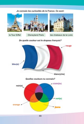 55
Je connais les curiosités de la France. Ce sont:
De quelle couleur est le drapeau français?
Quelles couleurs tu connais?
bleu(e)
blanc(che)
rouge
violet(te)
noir(e)
orange
jaune
jaune
vert(e)
la Tour Eiffel Disneyland Paris les chateaux de la Loire
 