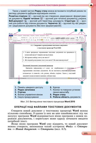 101
ПРА АНН Е ДАН
ако праві частині Рядку стану мо на встановити потрібни ре им пе-
регл д док мента вибором відповідних кнопок:
Розмітка сторінок зр чни під час створенн , редаг ванн і формат ван-
н док мента Режим читання зр чни дл читанн док мента з екрана
Веб-документ зр чни дл перегл д док мента Структура зр ч-
ни дл роботи над планом док мента Чернетка зр чни під час веден-
н і редаг ванн док мента (без ого формат ванн ).
9 8 7
6
5
4321
1. Панель швидкого дост п
2. Рядок заголовка
3. Стрічка
4. нопки правлінн вікном
5. м га прокр ч ванн
6. рсор
7. нопки та повз нок станов-
ленн масштаб
8. Рядок стану
9. Робоча область док мента
Мал. 3.6. игл д вікна текстового про есора Word 2010
ОПЕРАЦІЇ НАД ФАЙЛАМИ ТЕКСТОВИХ ДОКУМЕНТІВ
Сòâîðèòè	íîâèй	äîêумåíò	у	òåêñòîâîму	пðîцåñîðі	Wo d мîжíà	
êілüêîмà	ñпîñîбàмè.	З	îäíèм	із	íèх	âè	âжå	îзíàйîмèлèñя:	піä	чàñ	
зàпуñêу	пðîгðàмè	Wo d âіäêðèâàєòüñя	âіêíî	пðîгðàмè	з	íîâèм	пî-
ðîжíім	äîêумåíòîм,	і	êîðèñòуâàч	мîжå	îäðàзу	пîчèíàòè	ââîäèòè	
пîòðібíèй	òåêñò.
ßêщî	âіêíî	пðîгðàмè	Wo d ужå	âіäêðèòî,	òî	íîâèй	äîêумåíò	
мîжíà	ñòâîðèòè,	âèêîíàâшè	òàêèй	àлгîðèòм:	Ôàéë Ñòâîðè-
òè Íîâèé äîêóìåíò Ñòâîðèòè (мàл.	3.7).
 