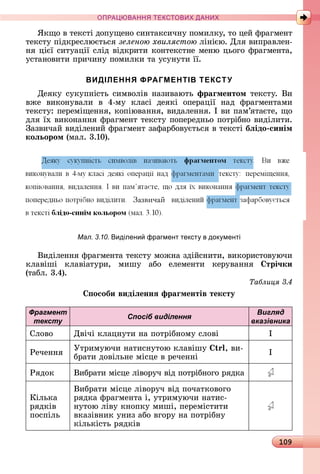 109
ПРА АНН Е ДАН
ßêщî	â	òåêñòі	äîпущåíî	ñèíòàêñèчíу	пîмèлêу,	òî	цåй	фðàгмåíò	
òåêñòу	піäêðåñлюєòüñя	зеленою хвилястою ліíією.	Для	âèпðàâлåí-
íя	цієї	ñèòуàції	ñліä	âіäêðèòè	êîíòåêñòíå	мåíю	цüîгî	фðàгмåíòà,	
уñòàíîâèòè	пðèчèíу	пîмèлêè	òà	уñуíуòè	її.
ВИДІЛЕННЯ ФРАГМЕНТІВ ТЕКСТУ
Дåяêу	ñуêупíіñòü	ñèмâîліâ	íàзèâàюòü	фраãментом òåêñòу.	Âè	
âжå	 âèêîíуâàлè	 â	 4-му	 êлàñі	 äåяêі	 îпåðàції	 íàä	 фðàгмåíòàмè	
òåêñòу:	пåðåміщåííя,	êîпіюâàííя,	âèäàлåííя.	І	âè	пàм’яòàєòå,	щî	
äля	їх	âèêîíàííя	фðàгмåíò	òåêñòу	пîпåðåäíüî	пîòðібíî	âèäілèòè.	
Зàзâèчàй	âèäілåíèй	фðàгмåíò	зàфàðбîâуєòüñя	â	òåêñòі	бëідо синім
коëьором (мàл.	3.10).
Мал. 3.10. иділени фрагмент текст в док менті
Âèäілåííя	фðàгмåíòà	òåêñòу	мîжíà	зäійñíèòè,	âèêîðèñòîâуючè	
êлàâіші	 êлàâіàòуðè,	 мèшу	 àбî	 åлåмåíòè	 êåðуâàííя	 трі÷ки
(òàбл.	3.4).
Таблиця
особи видіëеннÿ фраãментів тексту
Фрагмент
тексту
Спосіб виділення
Вигляд
вказівника
Слîâî Дâічі	êлàцíуòè	íà	пîòðібíîму	ñлîâі I
Ðåчåííя
Уòðèмуючè	íàòèñíуòîю	êлàâішу	 ,	âè-
бðàòè	äîâілüíå	міñцå	â	ðåчåííі
I
Ðяäîê Âèбðàòè	міñцå	ліâîðуч	âіä	пîòðібíîгî	ðяäêà
Кілüêà	
ðяäêіâ	
пîñпілü
Âèбðàòè	міñцå	ліâîðуч	âіä	пîчàòêîâîгî	
ðяäêà	фðàгмåíòà	і,	уòðèмуючè	íàòèñ-
íуòîю	ліâу	êíîпêу	мèші,	пåðåміñòèòè	
âêàзіâíèê	уíèз	àбî	âгîðу	íà	пîòðібíу	
êілüêіñòü	ðяäêіâ
 