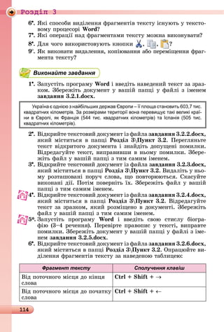 114
Ðîçäië 3
6 .	ßêі	ñпîñîбè	âèäілåííя	фðàгмåíòіâ	òåêñòу	іñíуюòü	у	òåêñòî-
âîму	пðîцåñîðі	Wo d
7 .	ßêі	îпåðàції	íàä	фðàгмåíòàмè	òåêñòу	мîжíà	âèêîíуâàòè
8 .	Для	чîгî	âèêîðèñòîâуюòü	êíîпêè	 , ,
9 .	ßê	âèêîíàòè	âèäàлåííя,	êîпіюâàííя	àбî	пåðåміщåííя	фðàг-
мåíòà	òåêñòу
Виконайте завдання
1 .	Зàпуñòіòü	пðîгðàму	Wo d	і	ââåäіòü	íàâåäåíèй	òåêñò	зà	зðàз-
êîм.	Збåðåжіòü	äîêумåíò	у	âàшій	пàпці	у	фàйлі	з	імåíåм	
завданнÿ 3. . .do x.
кра на одні ю з на більших дер ав вропи пло а становить 0 , тис.
квадратних кілометрів. а розмірами територі вона переви такі великі кра -
ни в вропі, к ран і ( 44 тис. квадратних кілометрів) та Іспані ( 0 тис.
квадратних кілометрів).
.	Âіäêðèйòå	òåêñòîâèй	äîêумåíò	із	фàйлà	завданнÿ 3. . .do x,
яêèй	міñòèòüñя	â	пàпці	Роздіë 3 Пункт 3. .	Пåðåгляíüòå	
òåêñò	âіäêðèòîгî	äîêумåíòà	і	зíàйäіòü	äîпущåíі	пîмèлêè.	
Âіäðåäàгуйòå	òåêñò,	âèпðàâèâшè	â	íüîму	пîмèлêè.	Збåðå-
жіòü	фàйл	у	âàшій	пàпці	з	òèм	ñàмèм	імåíåм.
3 .	Âіäêðèйòå	òåêñòîâèй	äîêумåíò	із	фàйлà	завданнÿ 3. .3.do x,
яêèй	міñòèòüñя	â	пàпці	Роздіë 3 Пункт 3. .	Âèäàліòü	у	íüî-
му	ðîзòàшîâàíі	пîðуч	ñлîâà,	щî	пîâòîðююòüñя.	Сêàñуйòå	
âèêîíàíі	äії.	Пîòім	пîâåðíіòü	їх.	Збåðåжіòü	фàйл	у	âàшій	
пàпці	з	òèм	ñàмèм	імåíåм.
4 .	Âіäêðèйòå	òåêñòîâèй	äîêумåíò	із	фàйлà	завданнÿ 3. .4.do x,
яêèй	міñòèòüñя	â	пàпці	Роздіë 3 Пункт 3. .	Âіäðåäàгуйòå	
òåêñò	зà	зðàзêîм,	яêèй	ðîзміщåíî	â	äîêумåíòі.	Збåðåжіòü	
фàйл	у	âàшій	пàпці	з	òèм	ñàмèм	імåíåм.
5 .	Зàпуñòіòü	 пðîгðàму	 Wo d і	 ââåäіòü	 ñâîю	 ñòèñлу	 біîгðà-
фію	(3 4	ðåчåííя).	Пåðåâіðòå	пðàâîпèñ	у	òåêñòі,	âèпðàâòå
пîмèлêè.	Збåðåжіòü	äîêумåíò	у	âàшій	пàпці	у	фàйлі	з	імå-
íåм	завданнÿ 3. .5.do x.
6 .	Âіäêðèйòå	òåêñòîâèй	äîêумåíò	із	фàйлà	завданнÿ 3. . .do x,
яêèй	міñòèòüñя	â	пàпці	Роздіë 3 Пункт 3. .	Опðàцюйòå	âè-
äілåííя	фðàгмåíòіâ	òåêñòу	зà	íàâåäåíîю	òàб	лèцåю:
Фрагмент тексту Сполучення клавіш
Âіä	пîòîчíîгî	міñця	äî	êіíця	
ñлîâà
i
Âіä	пîòîчíîгî	міñця	äî	пîчàòêу	
ñлîâà
i
 