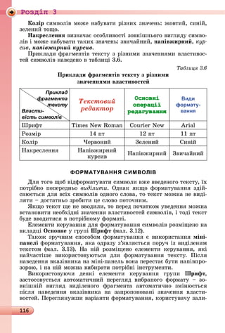 116
Ðîçäië 3
Коëір ñèмâîліâ	мîжå	íàбуâàòè	ðізíèх	зíàчåíü:	жîâòèй,	ñèíій,	
зåлåíèй	òîщî.
Íакресëеннÿ âèзíàчàє	îñîблèâîñòі	зîâíішíüîгî	âèгляäу	ñèмâî-
ліâ	і	мîжå	íàбуâàòè	òàêèх	зíàчåíü:	зâèчàйíèй,	на івжирни , êóð-
ñèâ, íàïіâæèðíèé êóðñèâ.
Пðèêлàäè	фðàгмåíòіâ	òåêñòу	з	ðізíèмè	зíàчåííямè	âлàñòèâîñ-
òåй	ñèмâîліâ	íàâåäåíî	â	òàб	лèці	3.6.
Таблиця
Прикëади фраãментів тексту з різними
зна÷еннÿми вëастивосте
Приклад
фрагмента
тексту
Власти-
вість символів
Òåêñòîâèé
ðåäàêòîð
Основні
операції
редагування
Види
формату-
вання
Øðèфò m s	N w	 om Courier New Arial
Ðîзміð 14	пò 12	пò 11	пò
Кîліð ×åðâîíèй Зåлåíèй Сèíій
Нàêðåñлåííя Нàпіâжèðíèй	
êуðñèâ
Нàпіâжèðíèй Зâèчàйíèй
ФОРМАТУВАННЯ СИМВОЛІВ
Для	òîгî	щîб	âіäфîðмàòуâàòè	ñèмâîлè	âжå	ââåäåíîгî	òåêñòу,	їх	
пîòðібíî	 пîпåðåäíüî	 виділити.	 Оäíàê	 яêщî	 фîðмàòуâàííя	 зäій-
ñíюєòüñя	äля	âñіх	ñèмâîліâ	îäíîгî	ñлîâà,	òî	òåêñò	мîжíà	íå	âèäі-
ляòè	 	äîñòàòíüî	зðîбèòè	цå	ñлîâî	пîòîчíèм.
ßêщî	òåêñò	щå	íå	ââîäèлè,	òî	пåðåä	пîчàòêîм	уâåäåííя	мîжíà	
âñòàíîâèòè	íåîбхіäíі	зíàчåííя	âлàñòèâîñòåй	ñèмâîліâ,	і	òîäі	òåêñò	
буäå	ââîäèòèñя	â	пîòðібíîму	фîðмàòі.
Åлåмåíòè	êåðуâàííя	äля	фîðмàòуâàííя	ñèмâîліâ	ðîзміщåíî	íà	
âêлàäці	Îсновне у	гðупі	Шрифт (мàл.	3.12).
Òàêîж	зðучíèм	ñпîñîбîм	фîðмàòуâàííя	є	âèêîðèñòàííя	міні
анеëі фîðмàòуâàííя,	яêà	îäðàзу	з’яâляєòüñя	пîðуч	із	âèäілåíèм	
òåêñòîм	 (мàл.	 3.13).	 Нà	 íій	 ðîзміщåíî	 åлåмåíòè	 êåðуâàííя,	 яêі	
íàйчàñòішå	 âèêîðèñòîâуюòüñя	 äля	 фîðмàòуâàííя	 òåêñòу.	 Піñля	
íàâåäåííя	âêàзіâíèêà	íà	міíі-пàíåлü	âîíà	пåðåñòàє	буòè	íàпіâпðî-
зîðîю,	і	íà	íій	мîжíà	âèбèðàòè	пîòðібíі	іíñòðумåíòè.
Âèêîðèñòîâуючè	 äåяêі	 åлåмåíòè	 êåðуâàííя	 гðупè	 Шрифт,
зàñòî	ñîâуєòüñя	 àâòîмàòèчíèй	 пåðåгляä	 âèбðàíîгî	 фîðмàòу	 	 зî-
âíішíій	 âèгляä	 âèäілåíîгî	 фðàгмåíòà	 àâòîмàòèчíî	 зміíюєòüñя	
піñля	 íàâåäåííя	 âêàзіâíèêà	 íà	 зàпðîпîíîâàíі	 зíàчåííя	 âлàñòè-
âîñòåй.	Пåðåгля	íуâшè	âàðіàíòè	фîðмàòуâàííя,	êîðèñòуâàчу	зàлè-
 