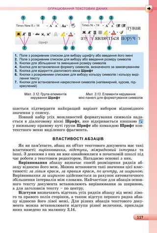 117
ПРА АНН Е ДАН
шàєòüñя	 піäòâåðäèòè	 íàйêðàщèй	 âàðіàíò	 âèбîðîм	 âіäпîâіäíîгî	
зíàчåííя	у	ñпèñêу.
Пîâíèй	íàбіð	уñіх	мîжлèâîñòåй	фîðмàòуâàííя	ñèмâîліâ	íàäà-
єòüñя	â	äіàлîгîâîму	âіêíі	Шрифт,	яêå	âіäêðèâàєòüñя	êíîпêîю	
у	íèжíüîму	пðàâîму	êуòі	гðупè	Шрифт	àбî	êîмàíäîю	Шрифт	êîí-
òåêñòíîгî	мåíю	âèäілåíîгî	фðàгмåíòà.
ВЛАСТИВОСТІ АБЗАЦІВ
ßê	âè	пàм’яòàєòå,	àбзàц	яê	îб’єêò	òåêñòîâîгî	äîêумåíòà	мàє	òàêі	
âлàñòèâîñòі:	 вирівнювання, відсту и, міжрядкови інтервал òà	
іíші.	З	äåяêèмè	з	íèх	âè	âжå	îзíàйîмèлèñя	â	пîчàòêîâій	шêîлі	піä	
чàñ	ðîбîòè	з	òåêñòîâèм	ðåäàêòîðîм.	Нàгàäàємî	îñíîâíі	з	íèх.
Вирівн ваннÿ àбзàцу	 âèзíàчàє	 ñпîñіб	 ðîзміщåííя	 ðяäêіâ	 àб-
зàцу	âіäíîñíî	йîгî	мåж.	Мîжíà	âñòàíîâèòè	òàêі	зíàчåííя	цієї	âлàñ-
òèâîñòі:	за лівим кра м, за равим кра м, о центру, за шириною.
Âèðіâíюâàííя	за шириною зäійñíюєòüñя	зà	ðàхуíîê	àâòîмàòèчíîгî	
збілüшåííя	іíòåðâàліâ	між	ñлîâàмè.	Нàйчàñòішå	äля	àбзàціâ	îñíîâ-
íîгî	òåêñòу	äîêумåíòà	âñòàíîâлююòü	âèðіâíюâàííя	зà	шèðèíîю,	
à	äля	зàгîлîâêіâ	òåêñòу	 	пî	цåíòðу.
Відсту и âèзíàчàюòü	âіäñòàíü	уñіх	ðяäêіâ	àбзàцу	âіä	мåжі	ліâî-
гî	òà	пðàâîгî	пîліâ	ñòîðіíêè,	à	òàêîж	âіäñòуп	пåðшîгî	ðяäêà	àбзà-
цу	âіäíîñíî	йîгî	ліâîї	мåжі.	Для	ðізíèх	àбзàціâ	òåêñòîâîгî	äîêу-
мåíòà	мîжíà	âñòàíîâлюâàòè	âіäñòупè	ðізíîї	âåлèчèíè,	пðèêлàäè	
яêèх	íàâåäåíî	íà	мàлюíêу	3.14.
7 6 5
1 2 3 4 1 2 3
67
1. Поле з розкривним списком дл вибор шрифт або введенн ого імені
2. Поле з розкривним списком дл вибор або введенн розмір символів
3. нопки дл збільшенн та зменшенн розмір символів
4. нопка дл встановленн формат символів, визначеного за замовч ванн м
5. нопка дл відкритт діалогового вікна Шрифт
6. нопки з розкривними списками дл вибор кольор символів і кольор виді-
ленн текст
7. нопки дл встановленн накресленн символів (напів ирни , к рсив, під-
креслени )
Мал. 3.12. р па елементів
кер ванн Шрифт
Мал. 3.13. Елементи кер ванн
міні-панелі дл формат ванн символів
 