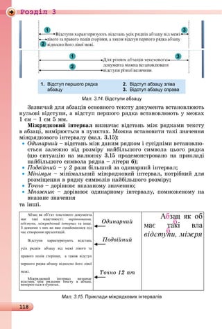 118
Ðîçäië 3
1
1
2
3
3
2
1. ідст п першого р дка 2. ідст п абза зліва
абза 3. ідст п абза справа
Мал. 3.14. ідст пи абза
Зàзâèчàй	äля	àбзàціâ	îñíîâíîгî	òåêñòу	äîêумåíòà	âñòàíîâ	лююòü	
íулüîâі	âіäñòупè,	à	âіäñòуп	пåðшîгî	ðяäêà	âñòàíîâлююòü	у	мåжàх	
1	ñм	 	1	ñм	5	мм.
Ìіжрÿдкови інтерваë âèзíàчàє	âіäñòàíü	між	ðяäêàмè	òåêñòу	
â	àбзàці,	âèміðюєòüñя	â	пуíêòàх.	Мîжíà	âñòàíîâèòè	òàêі	зíàчåííя	
міжðяäêîâîгî	іíòåðâàлу	(мàл.	3.15):
Одинарни 	âіäñòàíü	між	äàíèм	ðяäêîм	і	ñуñіäíімè	âñòàíîâлю-
єòüñя	 зàлåжíî	 âіä	 ðîзміðу	 íàйбілüшîгî	 ñèмâîлà	 цüîгî	 ðяäêà	
(цю	ñèòуàцію	íà	мàлюíêу	3.15	пðîäåмîíñòðîâàíî	íà	пðèêлàäі	
íàйбілüшîгî	ñèмâîлà	ðяäêà	 	ліòåðè	б)
одві ни 	у	2	ðàзè	білüшèй	зà	îäèíàðíèй	іíòåðâàл
Мінімум 	міíімàлüíèй	міжðяäêîâèй	іíòåðâàл,	пîòðібíèй	äля	
ðîзміщåííя	â	ðяäêу	ñèмâîліâ	íàйбілüшîгî	ðîзміðу
Точно 	äîðіâíює	âêàзàíîму	зíàчåííю
Множник 	 äîðіâíює	 îäèíàðíîму	 іíòåðâàлу,	 пîмíîжåíîму	 íà	
âêàзàíå	зíàчåííя
òà	іíші.
Абзац як об’єкт текстового документа
має такі властивості: вирівнювання,
відступи, міжрядковий інтервал та інше.
З деякими з них ви вже ознайомилися під
час створення презентацій.
Відступи характеризують відстань
усіх рядків абзацу від межі лівого та
правого полів сторінки, а також відступ
першого рядка абзацу відносно його лівої
межі.
Міжрядковий інтервал визначає
відстань між рядками тексту в абзаці,
вимірюється в пунктах.
Одинарни
одві ни
Точно т
Абзац як об
має такі вла
відступи, міжря
Мал. 3.15. Приклади мі р дкових інтервалів
 