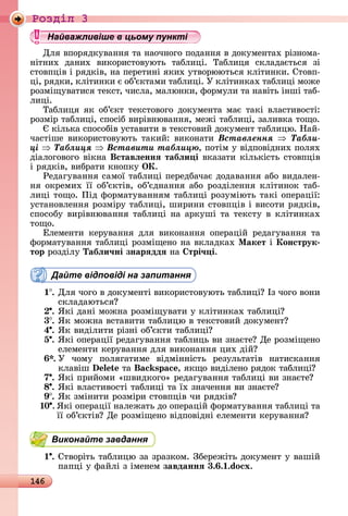 146
Ðîçäië 3
Найважливіше в цьому пункті
Для	âпîðяäêуâàííя	òà	íàîчíîгî	пîäàííя	â	äîêумåíòàх	ðізíîмà-
íіòíèх	 äàíèх	 âèêîðèñòîâуюòü	 òàб	лèці.	 Òàблèця	 ñêлàäàєòüñя	 зі	
ñòîâпціâ	і	ðяäêіâ,	íà	пåðåòèíі	яêèх	уòâîðююòüñя	êліòèíêè.	Сòîâп-
ці,	ðяäêè,	êліòèíêè	є	îб’єêòàмè	òàб	лèці.	У	êліòèíêàх	òàб	лèці	мîжå	
ðîзміщуâàòèñя	òåêñò,	чèñлà,	мàлюíêè,	фîðмулè	òà	íàâіòü	іíші	òàб-
лèці.
Òàблèця	яê	îб’єêò	òåêñòîâîгî	äîêумåíòà	мàє	òàêі	âлàñòèâîñòі:	
ðîзміð	òàб	лèці,	ñпîñіб	âèðіâíюâàííя,	мåжі	òàб	лèці,	зàлèâêà	òîщî.
	êілüêà	ñпîñîбіâ	уñòàâèòè	â	òåêñòîâèй	äîêумåíò	òàб	лèцю.	Нàй-
чàñòішå	âèêîðèñòîâуюòü	òàêèй:	âèêîíàòè	Âñòàâëåííÿ Òàáëè-
öі Òàáëèöÿ Âñòàâèòè òàáëèöþ,	пîòім	у	âіäпîâіäíèх	пîлях	
äіàлîгîâîгî	âіêíà	Вставëеннÿ табëи і âêàзàòè	êілüêіñòü	ñòîâпціâ	
і	ðяäêіâ,	âèбðàòè	êíîпêу	ÎÊ.
Ðåäàгуâàííя	ñàмîї	òàб	лèці	пåðåäбàчàє	äîäàâàííя	àбî	âèäàлåí-
íя	îêðåмèх	її	îб’єêòіâ,	îб’єäíàííя	àбî	ðîзäілåííя	êліòèíîê	òàб-
лèці	òîщî.	Піä	фîðмàòуâàííям	òàб	лèці	ðîзуміюòü	òàêі	îпåðàції:	
уñòàíîâлåííя	ðîзміðу	òàб	лèці,	шèðèíè	ñòîâпціâ	і	âèñîòè	ðяäêіâ,	
ñпîñîбу	âèðіâíюâàííя	òàб	лèці	íà	àðêуші	òà	òåêñòу	â	êліòèíêàх	
òîщî.
Åлåмåíòè	 êåðуâàííя	 äля	 âèêîíàííя	 îпåðàцій	 ðåäàгуâàííя	 òà	
фîðмàòуâàííя	òàб	лèці	ðîзміщåíî	íà	âêлàäêàх	Ìакет і	Конструк
тор ðîзäілу	Табëи÷ні знарÿддÿ íà	 трі÷ і.
Дайте відповіді на запитання
1 .	Для	чîгî	â	äîêумåíòі	âèêîðèñòîâуюòü	òàб	лèці 	Із	чîгî	âîíè	
ñêлàäàюòüñя
.	ßêі	äàíі	мîжíà	ðîзміщуâàòè	у	êліòèíêàх	òàб	лèці
3 .	ßê	мîжíà	âñòàâèòè	òàб	лèцю	â	òåêñòîâèй	äîêумåíò
4 .	ßê	âèäілèòè	ðізíі	îб’єêòè	òàб	лèці
5 .	ßêі	îпåðàції	ðåäàгуâàííя	òàб	лèцü	âè	зíàєòå 	Дå	ðîзміщåíî	
åлåмåíòè	êåðуâàííя	äля	âèêîíàííя	цèх	äій
.	У	 чîму	 пîлягàòèмå	 âіäміííіñòü	 ðåзулüòàòіâ	 íàòèñêàííя	
êлàâіш	 òà	 s , яêщî	âèäілåíî	ðяäîê	òàблèці
7 .	ßêі	пðèйîмè	«шâèäêîгî»	ðåäàгуâàííя	òàб	лèці	âè	зíàєòå
8 .	ßêі	âлàñòèâîñòі	òàб	лèці	òà	їх	зíàчåííя	âè	зíàєòå
9 .	ßê	зміíèòè	ðîзміðè	ñòîâпціâ	чè	ðяäêіâ
10 .	ßêі	îпåðàції	íàлåжàòü	äî	îпåðàцій	фîðмàòуâàííя	òàб	лèці	òà	
її	îб’єêòіâ 	Дå	ðîзміщåíî	âіäпîâіäíі	åлåмåíòè	êåðу	âàííя
Виконайте завдання
1 .	Сòâîðіòü	òàб	лèцю	зà	зðàзêîм.	Збåðåжіòü	äîêумåíò у	âàшій	
пàпці	у	фàйлі	з	імåíåм	завданнÿ 3. . .do x.
Найважливіше в цьому пунктіНайважливіше в цьому пунктіНайважливіше в цьому пунктіНайважливіше в цьому пунктіНайважливіше в цьому пунктіНайважливіше в цьому пунктіНайважливіше в цьому пунктіНайважливіше в цьому пунктіНайважливіше в цьому пунктіНайважливіше в цьому пунктіНайважливіше в цьому пунктіНайважливіше в цьому пунктіНайважливіше в цьому пунктіНайважливіше в цьому пунктіНайважливіше в цьому пунктіНайважливіше в цьому пунктіНайважливіше в цьому пунктіНайважливіше в цьому пунктіНайважливіше в цьому пунктіНайважливіше в цьому пунктіНайважливіше в цьому пунктіНайважливіше в цьому пунктіНайважливіше в цьому пунктіНайважливіше в цьому пунктіНайважливіше в цьому пунктіНайважливіше в цьому пунктіНайважливіше в цьому пунктіНайважливіше в цьому пунктіНайважливіше в цьому пунктіНайважливіше в цьому пунктіНайважливіше в цьому пунктіНайважливіше в цьому пунктіНайважливіше в цьому пунктіНайважливіше в цьому пунктіНайважливіше в цьому пунктіНайважливіше в цьому пунктіНайважливіше в цьому пунктіНайважливіше в цьому пунктіНайважливіше в цьому пунктіНайважливіше в цьому пунктіНайважливіше в цьому пунктіНайважливіше в цьому пунктіНайважливіше в цьому пунктіНайважливіше в цьому пунктіНайважливіше в цьому пунктіНайважливіше в цьому пунктіНайважливіше в цьому пунктіНайважливіше в цьому пунктіНайважливіше в цьому пунктіНайважливіше в цьому пунктіНайважливіше в цьому пунктіНайважливіше в цьому пунктіНайважливіше в цьому пунктіНайважливіше в цьому пунктіНайважливіше в цьому пунктіНайважливіше в цьому пунктіНайважливіше в цьому пунктіНайважливіше в цьому пунктіНайважливіше в цьому пунктіНайважливіше в цьому пунктіНайважливіше в цьому пунктіНайважливіше в цьому пунктіНайважливіше в цьому пунктіНайважливіше в цьому пунктіНайважливіше в цьому пунктіНайважливіше в цьому пунктіНайважливіше в цьому пунктіНайважливіше в цьому пунктіНайважливіше в цьому пунктіНайважливіше в цьому пунктіНайважливіше в цьому пункті
 