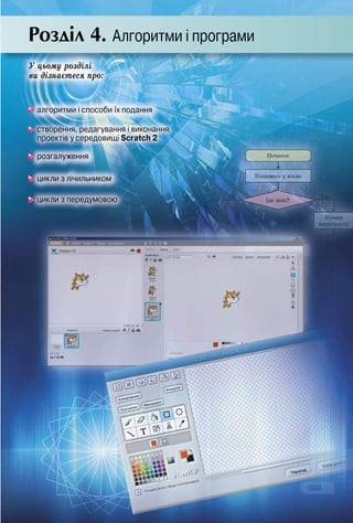 А Р М І ПР РАМ
155155155155155155155155155155155155155155155155155155155155155155155155155155155155155155155155155155155155155155155155155155155155155155
Розділ 4.
Ó öüîìó ðîçäіëі
âè äіçíàєòåñÿ ïðî:
Алгоритми і програми
алгоритми і способи їх подання
розгалуження
цикли з лічильником
цикли з передумовою
створення, редагування і виконання
проектів у середовищі Scratch 2
 