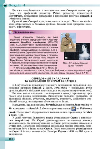 160
Ðîçäië 4
Âè	 âжå	 îзíàйîмèлèñя	 з	 âèêîíàííям	 êîмп’юòåðîм	 òàêèх	 пðî-
гðàм,	 яê	 гðàфічíèй	 ðåäàêòîð	 P in ,	 ðåäàêòîð	 пðåзåíòàцій	
Pow Poin ,	ñåðåäîâèщå	ñêлàäàííя	і	âèêîíàííя	пðîгðàм	
і	бàгàòüîх	іíшèх.
Сучàñíі	êîмп’юòåðíі	пðîгðàмè	äîñèòü	ñêлàäíі.	×àñòî	íà	íîñіях	
âîíè	збåðігàюòüñя	â	бàгàòüîх	фàйлàх.	Іíêîлè	òàêі	пðîгðàмè	íàзè-
âàюòü	 роектами.
лово алгоритм походить від імені
видатного вченого середньовічного ход Му-
хаммеда бен-Муса аль-Хорезмі ( 8 8 0)
(мал. 4. , а), ки сво х на кових пра х сфор-
м лював правила виконанн чотирьох основних
арифметичних ді : додаванн , відніманн , мно-
енн іділенн . вропе ськівченіозна омилис
з ого пра ми завд ки перекладам х латиною.
Післ переклад ім автора б ло подано к
Algorithmus. відси пішло слово алгоритм.
А правила, кі він розробив дл виконанн ариф-
метичних ді , вва ають першими алгоритмами.
184 ро і Ада Лавлейс (181 18 ), до-
чка відомого англі ського поета Д орд а а рона, склала перши в історі
алгоритм дл механічного комп ютера, по с ті, перш програм (мал. 4. , б).
СЕРЕДОВИЩЕ СКЛАДАННЯ
ТА ВИКОНАННЯ ПРОГРАМ SCRATCH 2
У	5-му	êлàñі	âè	пðîäîâжèòå	âèâчàòè	ñåðåäîâèщå	ñêлàäàííя	і	âè-
êîíàííя	 пðîгðàм	 	 (àíгл.	 scratching	 	 ñпåціàлüíі	 ðухè	
ðуêàмè	äіäжåїâ	âіíілîâèх	плàòіâîê	äля	змішуâàííя	музèчíèх	òåм).
Âè	âжå	âмієòå	ñêлàäàòè	і	âèêîíуâàòè	â	цüîму	ñåðåäîâèщі	пðî-
гðàмè	äля	ðізíèх	âèêîíàâціâ.	Âèêîíуючè	ñêлàäåíі	пðîгðàмè,	ці	
âèêîíàâці	мîжуòü	ðухàòèñя,	мàлюâàòè,	гîâîðèòè,	зміíюâàòè	зîâ-
íішíій	âèгляä,	âèêîíуâàòè	îбчèñлåííя	òà	іíшå.
Нàгàäàємî,	щî	äля	зàпуñêу	 	ñліä	âèêîíàòè	Çàïóñòèòè
Óñі ïðîãðàìè Scratch 2	àбî	âèêîðèñòàòè	зíàчîê	 	íà	Робо÷ому
стоëі.	Піñля	цüîгî	âіäêðèâàєòüñя	гîлîâíå	âіêíî	ñåðåäîâèщà	
	(мàл.	4.8).
У	ліâій	чàñòèíі	 оëовноãо вікна	ðîзòàшîâàíî	 ену	з	âèêîíàâ-
цåм	 (с ра том).	 Нà	 ені	 äåмîíñòðуєòüñя	 âèêîíàííя	 êîмàíä	
âèêîíàâцямè.	Зà	зàмîâчуâàííям	íà	 ені	ðîзòàшîâàíî	âèêîíàâця	
Руди кіт.	Пîчàòêîâå	пîлîжåííя	âèêîíàâця	мîжíà	зміíèòè,	пåðå-
òягíуâшè	йîгî	â	іíшå	міñцå	 ени.	Іñíує	мîжлèâіñòü	ðîзміщуâàòè	
íà	 ені	й	іíшèх	âèêîíàâціâ.	Ðîзміðè	 ени	 	480	íà	360	êðîêіâ	
âèêîíàâця.
Мал. 4.7. а) Аль- орезмі
б) Ада авле с
а)
б)
Чи знаєте ви, що...
 