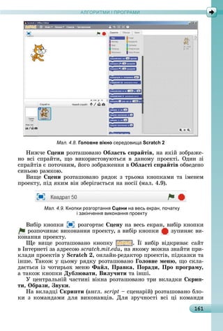 А Р М І ПР РАМА Р М І ПР РАМ
161
Мал. 4.8. Головне вікно середови а Scratch 2
Нèжчå	 ени	ðîзòàшîâàíî	Îбëасть с ра тів,	íà	яêій	зîбðàжå-
íî	âñі	ñпðàйòè,	щî	âèêîðèñòîâуюòüñя	â	äàíîму	пðîåêòі.	Оäèí	зі	
ñпðàйòіâ	є	пîòîчíèм,	йîгî	зîбðàжåííя	â	Îбëасті с ра тів	îбâåäåíî	
ñèíüîю	ðàмêîю.
Âèщå	 ени	ðîзòàшîâàíî	ðяäîê	з	òðüîмà	êíîпêàмè	òà	імåíåм	
пðîåêòу,	піä	яêèм	âіí	збåðігàєòüñя	íà	íîñії	(мàл.	4.9).
Мал. 4.9. нопки розгортанн Сцени на весь екран, початк
і закінченн виконанн проект
Âèбіð	êíîпêè	 	ðîзгîðòàє	 ену	íà	âåñü	åêðàí,	âèбіð	êíîпêè	
	ðîзпîчèíàє	âèêîíàííя	пðîåêòу,	à	âèбіð	êíîпêè	 	зупèíяє	âè-
êîíàííя	пðîåêòу.
å	âèщå	ðîзòàшîâàíî	êíîпêу	 .	 ї	âèбіð	âіäêðèâàє	ñàйò	
â	Іíòåðíåòі	зà	àäðåñîю	scratch.mit.edu,	íà	яêîму	мîжíà	зíàйòè	пðè-
êлàäè	пðîåêòіâ	у	 ,	îíлàйí-ðåäàêòîð	пðîåêòіâ,	піäêàзêè	òà	
іíшå.	Òàêîж	у	цüîму	ðяäêу	ðîзòàшîâàíî	 оëовне мен ,	щî	ñêлà-
äàєòüñя	із	чîòèðüîх	мåíю	Ôа ë, Правка, Поради, Про роãраму,
à	òàêîж	êíîпêè	Дубë вати, Виëу÷ити	òà	іíші.
У	цåíòðàлüíій	чàñòèíі	âіêíà	ðîзòàшîâàíî	òðè	âêлàäêè	 кри
ти, Îбрази, вуки.
Нà	âêлàäці	 кри ти	(àíгл.	script 	ñцåíàðій)	ðîзòàшîâàíî	блî-
êè	 з	 êîмàíäàмè	 äля	 âèêîíàâціâ.	 Для	 зðучíîñòі	 âñі	 ці	 êîмàíäè	
 