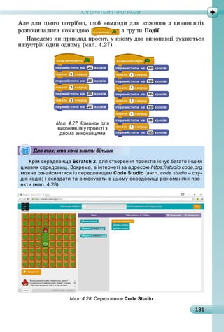 А Р М І ПР РАМА Р М І ПР РАМ
181
Àлå	äля	цüîгî	пîòðібíî,	щîб	êîмàíäè	äля	êîжíîгî	з	âèêîíàâціâ	
ðîзпîчèíàлèñя	êîмàíäîю	 	з	гðупè	Події.
Нàâåäåмî	яê	пðèêлàä	пðîåêò,	у	яêîму	äâà	âèêîíàâці	ðухàюòüñя	
íàзуñòðіч	îäèí	îäíîму	(мàл.	4.27).
Мал. 4.27. оманди дл
виконав ів проекті з
двома виконав ми
рім середови а Scratch 2, дл створенн проектів існ багато інших
ікавих середови . окрема, в Інтернеті за адресою https://studio.code.org
мо на озна омитис із середови ем Code Studio (англ. code studio ст -
ді кодів) і складати та викон вати в ьом середови і різноманітні про-
екти (мал. 4. 8).
Мал. 4.28. ередови е Code Studio
Для тих, хто хоче знати більше
 