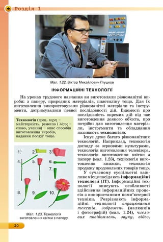 Ðîçäië 1
20
ІНФОРМАЦІЙНІ ТЕХНОЛОГІЇ
Нà	уðîêàх	òðуäîâîгî	íàâчàííя	âè	âèгîòîâлялè	ðізíîмàíіòíі	âè-
ðîбè:	 з	 пàпåðу,	 пðèðîäíèх	 мàòåðіàліâ,	 плàñòèліíу	 òîщî.	 Для	 їх	
âèгîòîâлåííя	 âèêîðèñòîâуâàлè	 ðізíîмàíіòíі	 мàòåðіàлè	 òà	 іíñòðу-
мåíòè,	 äîòðèмуâàлèñя	 пåâíîї	 пîñліäîâíîñòі	 äій.	 Âіäî	мîñòі	 пðî	
пîñліäîâíіñòü	 îêðåмèх	 äій	 піä	 чàñ	
âèгîòîâлåííя	 äåяêîгî	 îб’єêòà,	 пðî	
пîòðібíі	äля	âèгîòîâлåííя	мàòåðіà-
лè,	 іíñòðумåíòè	 òà	 îблàäíàííя	
íàзèâàюòü	техноëоãі .
Іñíує	äужå	бàгàòî	ðізíîмàíіòíèх	
òåхíîлîгій.	 Нàпðèêлàä,	 òåхíî	лîгія	
äîгляäу	 зà	 зåðíîâèмè	 êулüòуðàмè,	
òåхíîлîгія	âèгîòîâлåííя	òåлåâізîðà,	
òåхíîлîгія	 âèгîòîâлåííя	 êâіòêè	 з	
пàпåðу	(мàл.	1.23),	òåхíîлîгія	âèгî-
òîâлåííя	 êíèжêè,	 òåхíîлîгія	
пðî	äàжу	пðîäîâîлüчèх	òîâàðіâ	òîщî.
У	 ñучàñíîму	 ñуñпілüñòâі	 âàж-
лèâå	міñцå	пîñіäàюòü	інформа і ні
техноëоãії (ІТ).	Іíфîðмàційíі	òåх-
íîлîгії	 îпèñуюòü	 îñîблèâîñòі	
зäійñíåííя	іíфîðмàційíèх	пðîцå-
ñіâ	з	âèêîðèñòàííям	êîмп’юòåðíîї	
òåхíіêè.	 Ðîзðізíяюòü	 іíфîðмà-
ційíі	 òåхíîлîгії	 о рацювання
текстів, зображень	 (мàлюíêіâ	
і	 фîòîгðàфій)	 (мàл.	 1.24),	 число
вих овідомлень, çâóêó, відео,
Техноëоãіÿ (гðåц.	τεχνη	 	
мàйñòåðíіñòü,	ðåмåñлî	і	λόγος	 	
ñлîâî,	учåííя)	 	îпèñ	ñпîñîбіâ	
âèгîòîâлåííя	âèðîбіâ,	
íàäàííя	пîñлуг	òîщî.
Мал. 1.23. ехнологі
виготовленн квітки з папер
Мал. 1.22. іктор Миха лович л шков
 