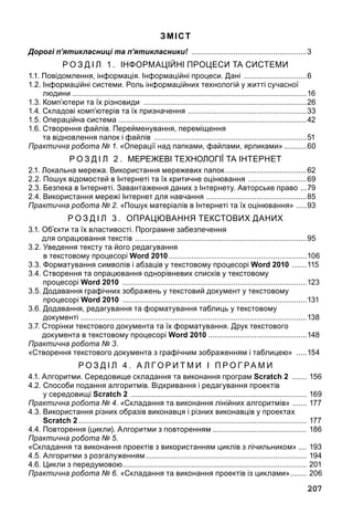 207
ЗМІСТ
Дорогі п’ятикласниці та п’ятикласники! ........................................................3
Р О З Д І Л 1. ІНФОРМАЦІЙНІ ПРОЦЕСИ ТА СИСТЕМИ
1.1. Повідомлення, інформація. Інформаційні процеси. Дані ...............................6
1.2. Iнформаційні системи. Роль інформаційних технологій у житті сучасної
людини.................................................................................................................16
1.3. Комп’ютери та їх різновиди ...............................................................................26
1.4. Складові комп’ютерів та їх призначення ..........................................................33
1.5. Операційна система ..........................................................................................42
1.6. Створення файлів. Перейменування, переміщення
та відновлення папок і файлів ..........................................................................51
Практична робота № 1. «Операції над папками, файлами, ярликами»............60
Р О З Д І Л 2 . МЕРЕЖЕВІ ТЕХНОЛОГІЇ ТА ІНТЕРНЕТ
2.1. Локальна мережа. Використання мережевих папок........................................62
2.2. Пошук відомостей в Iнтернеті та їх критичне оцінювання .............................69
2.3. Безпека в Iнтернеті. Завантаження даних з Iнтернету. Авторське право ....79
2.4. Використання мережі Інтернет для навчання .................................................85
Практична робота № 2. «Пошук матеріалів в Інтернеті та їх оцінювання» ......93
Р О З Д І Л 3 . ОПРАЦЮВАННЯ ТЕКСТОВИХ ДАНИХ
3.1. Об’єкти та їх властивості. Програмне забезпечення
для опрацювання текстів ...................................................................................95
3.2. Уведення тексту та його редагування
в текстовому процесорі Word 2010...................................................................106
3.3. Форматування символів і абзаців у текстовому процесорі Word 2010 ........115
3.4. Створення та опрацювання однорівневих списків у текстовому
процесорі Word 2010 .........................................................................................123
3.5. Додавання графічних зображень у текстовий документ у текстовому
процесорі Word 2010 .........................................................................................131
3.6. Додавання, редагування та форматування таблиць у текстовому
документі .............................................................................................................138
3.7. Cторінки текстового документа та їх форматування. Друк текстового
документа в текстовому процесорі Word 2010................................................148
Практична робота № 3.
«Створення текстового документа з графічним зображенням і таб­лицею» ......154
Р О З Д І Л 4 . А Л Г О Р И Т М И І   П Р О Г РА М И
4.1. Алгоритми. Середовище складання та виконання програм Scratch 2 ........ 156
4.2. Способи подання алгоритмів. Відкривання і редагування проектів
у середовищі Scratch 2 ..................................................................................... 169
Практична робота № 4. «Складання та виконання лінійних алгоритмів» ........ 177
4.3. Використання різних образів виконавця і різних виконавців у проектах
Scratch 2.............................................................................................................. 177
4.4. Повторення (цикли). Алгоритми з повторенням.............................................. 186
Практична робота № 5.
«Складання та виконання проектів з використанням циклів з лічильником»..... 193
4.5. Алгоритми з розгалуженням.............................................................................. 194
4.6. Цикли з передумовою......................................................................................... 201
Практична робота № 6. «Складання та виконання проектів із циклами»......... 206
 