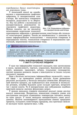 21
ІН РМА І НІ ПР Е А ЕМ
ередавання даних ком ютерни
ìè ìåðåæàìè	òîщî.
У	 пîчàòêîâій	 шêîлі	 âè	 îзíàйî-
мèлèñя	з	îпðàцюâàííям	гðàфічíèх	
зîбðàжåíü	 із	 âèêîðèñòàííям	 êîм-
п’ю	òåðà.	Âè	íàâчèлèñя	ñòâîðюâàòè	
мàлюíêè,	ðåäàгуâàòè	їх	òà	збåðігà-
òè.	Піä	чàñ	ðîбîòè	з	мàлюíêàмè	âè	
âèêîðèñòîâуâàлè	 ðізíî		мà	íіòíі	 іí-
ñòðу	мåíòè	 гðàфічíîгî	 ðåäàêòîðà.	
Мîжíà	 ñêàзàòè,	 щî	 âè	 îâîлîäілè	
пîчàòêîâèмè	íàâèчêàмè	òåхíîлîгії	
îпðàцюâàííя	зîбðàжåíü	з	âèêîðèñòàííям	êîмп’юòåðà	àбî	òåхíîлî-
гії	ком ютерної гра іки.	Òàêîж	âè	îзíàйîмèлèñя	і	з	äåяêèмè	іí-
шèмè	 іíфîðмàційíèмè	 òåхíîлîгіямè	 	 òåхíîлîгією	 ñòâîðåííя	 й	
îпðàцюâàííя	òåêñòіâ,	òåхíîлî	гією	ñòâîðåííя	й	îпðàцюâàííя	пðå-
зåíòàцій,	мåðåжåâèмè	òåхíî	лîгіямè	òîщî.
Доволі часто замість терміна інформаційні технології» ивають термін
інформаційно-комунікаційні технології (ІКТ). им підкреслю тьс ва ливе
значенн зді сненні інформа і них про есів с часних засобів ком ніка і
комп ютерних мере та інших засобів зв зк .
РОЛЬ ІНФОРМАЦІЙНИХ ТЕХНОЛОГІЙ
У ЖИТТІ СУЧАСНОЇ ЛЮДИНИ
У	íàш	чàñ	іíфîðмàційíі	òåхíîлîгії	зíàхîäяòü	ñâîє	зàñòîñуâàííя	
â	íàуці,	пðîмèñлîâîñòі,	òîðгіâлі,	упðàâліííі,	бàíêіâñüêій	ñè	ñòåмі,	
îñâіòі,	 мåäèцèíі,	 òðàíñпîðòі,	 зâ’язêу,	 ñілüñüêîму	 гîñпîäàðñòâі,	
ñèñòåмі	íàäàííя	äîпîмîгè	люäям	з	іíâàліäíіñòю	òà	іíшèх	гàлузях	
äіялüíîñòі	люäèíè.
Оäíå	з	бàгàòüîх	зàñòîñуâàíü	іíфîðмàційíèх	òåхíîлîгій	у	íàуêî-
âій	 ñфåðі	 	 цå	 пðîâåäåííя	 уяâíèх	 äîñліäіâ.	 Àäжå	 пðîâåäåííя	
ðåàлüíèх	äîñліäжåíü	у	бàгàòüîх	âèпàäêàх	íåмîжлèâå.	Нàпðèêлàä,	
щîб	âèâчèòè	пðîцåñè,	щî	âіäбуâàюòüñя	між	àòîмàмè	й	мîлåêулà-
мè	ðåчîâèí,	пîòðібíî	буäуâàòè	äужå	ñêлàäíі	пðèñòðîї,	âèòðàчàòè	
чàñ	і	зíàчíі	êîшòè.	Òà	й	âèêîðèñòàííя	âжå	пîбуäîâàíèх	пîäібíèх	
пðèñòðîїâ	âèмàгàє	зíàчíèх	фіíàíñîâèх	зàòðàò.
У	äåяêèх	âèпàäêàх	ñòâîðèòè	âіäпîâіäíі	ðåàлüíі	умîâè	äîñліäу	
âзàгàлі	 íåмîжлèâî.	 Нàпðèêлàä,	 íåмîжлèâî	 ñòâîðèòè	 умîâè	 äля	
äîñліäжåííя	íàñліäêіâ	піäâèщåííя	òåмпåðàòуðè	ñâіòîâîгî	îêåàíу	
íà	 îäèí	 гðàäуñ.	 У	 òàêèх	 âèпàäêàх	 âèêîðèñòîâуюòü	 уяâíі	 äîñлі-
äжåííя.	 Зíàючè	 зàêîíîміðíîñòі	 пðîхîäжåííя	 пåâíèх	 пðèðîäíèх	
пðîцåñіâ,	ñêлàäàюòü	êîмп’юòåðíу	пðîгðàму,	яêà	пðîгíîзує	мîжлè-
âі	íàñліäêè	òàêèх	пðîцåñіâ	(мàл.	1.25).
Для тих, хто хоче знати більше
Мал. 1.24. пра юванн зобра ен-
н з використанн м комп ютера
 