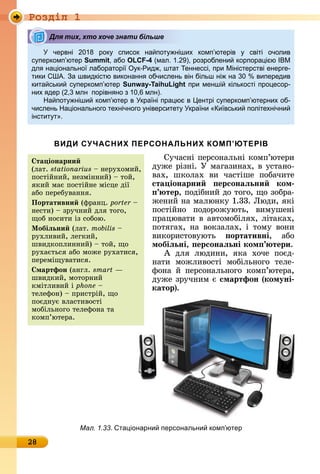 Ðîçäië 1
28
червні 018 рок список на пот ніших комп ютерів світі очолив
с перкомп ютер Summit, або OLCF-4 (мал. 1. ), розроблени корпора і ю IBM
дл на іонально лабораторі к-Рид , штат еннессі, при Міністерстві енерге-
тики А. а швидкістю виконанн обчислень він більш ні на 0 випередив
кита ськи с перкомп ютер Sunway-TaihuLight при менші кількості про есор-
них дер ( , млн порівн но з 10, млн).
На пот ніши комп ютер в кра ні пра ю в ентрі с перкомп ютерних об-
числень На іонального технічного ніверситет кра ни и вськи політехнічни
інстит т .
ВИДИ СУЧАСНИХ ПЕРСОНАЛЬНИХ КОМП’ЮТЕРІВ
Сучàñíі	пåðñîíàлüíі	êîмп’юòåðè	
äужå	ðізíі.	У	мàгàзèíàх,	â	уñòàíî-
âàх,	 шêîлàх	 âè	 чàñòішå	 пîбàчèòå	
ста іонарни ерсонаëьни ком
тер,	пîäібíèй	äî	òîгî,	щî	зîбðà-
жåíèй	íà	мàлюíêу	1.33.	Ëюäè,	яêі	
пîñòійíî	 пîäîðîжуюòü,	 âèмушåíі	
пðàцюâàòè	â	àâòîмîбілях,	ліòàêàх,		
пîòягàх,	 íà	 âîêзàлàх,	 і	 òîму	 âîíè	
âèêîðèñòîâуюòü	 ортативні,	 àбî	
мобіëьні, ерсонаëьні ком тери.
À	 äля	 люäèíè,	 яêà	 хîчå	 пîєä-
íàòè	 мîжлèâîñòі	 мîбілüíîгî	 òåлå-
фîíà	 й	 пåðñîíàлüíîгî	 êîмп’юòåðà,	
äужå	зðучíèм	є	смартфон (комуні
катор).
Мал. 1.33. та іонарни персональни комп ютер
Для тих, хто хоче знати більше
та іонарни
(лàò.	stationarius 	íåðухîмèй,	
пîñòійíèй,	íåзміííèй)	 	òîй,	
яêèй	мàє	пîñòійíå	міñцå	äії	
àбî		пåðåбуâàííя.	
Портативни (фðàíц.	porter 	
íåñòè)	 	зðучíèй	äля	òîгî,	
щîб	íîñèòè	із	ñîбîю.	
Ìобіëьни (лàò.	mobilis 	
ðухлèâèй,	лåгêèй,	
шâèäêîплèííèй)	 	òîй,	щî	
ðухàєòüñя	àбî	мîжå	ðухàòèñя,	
пåðåміщуâàòèñя.	
мартфон (àíгл.	smart —
шâèäêèй,	мîòîðíèй	
êміòлèâèй	і	phone 	
òåлåфîí)	 	пðèñòðій,	щî	
пîєäíує	âлàñòèâîñòі	
мîбілüíîгî	òåлåфîíà	òà	
êîмп’юòåðà.
 